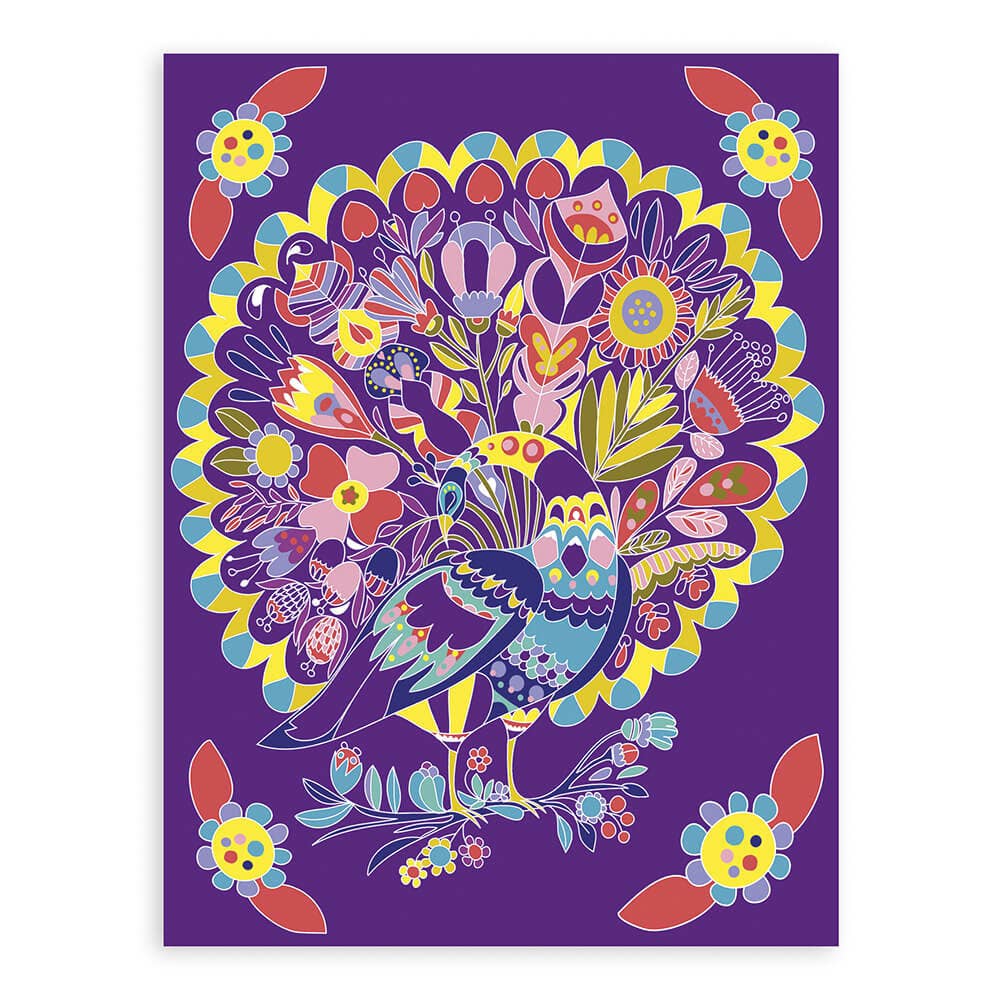 Colorful bird and floral design on a purple background