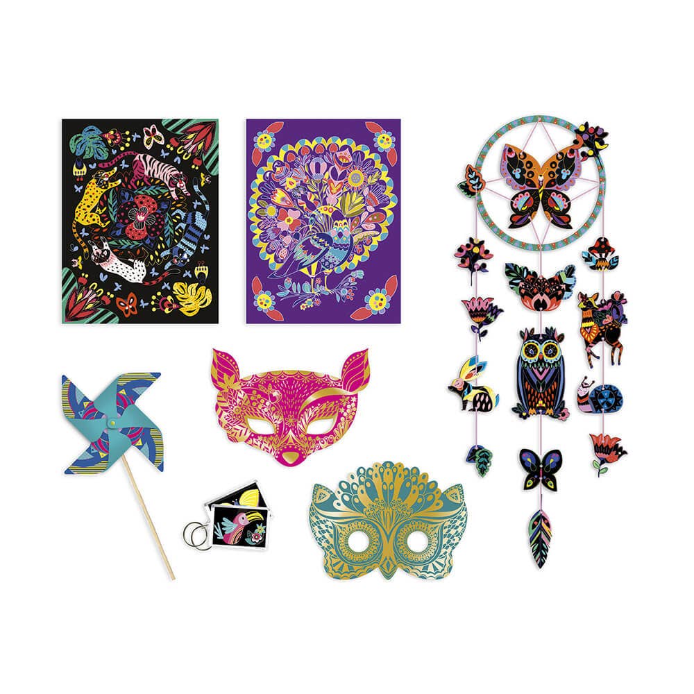 Collection of colorful party favors including masks, a windmill, and a dreamcatcher on a white background.
