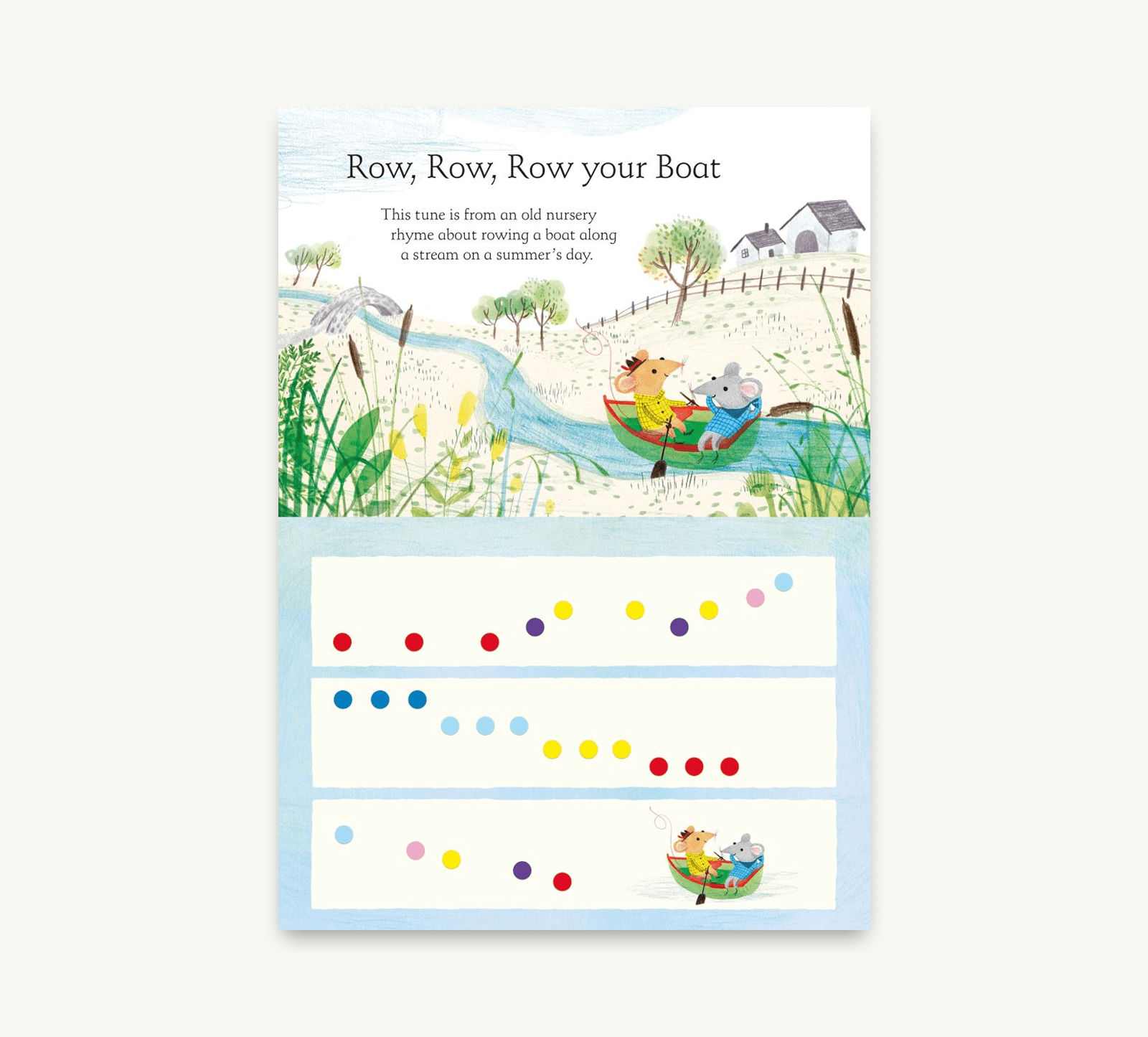 Educational children's chart with nursery rhyme text and illustrations of children rowing boats.
