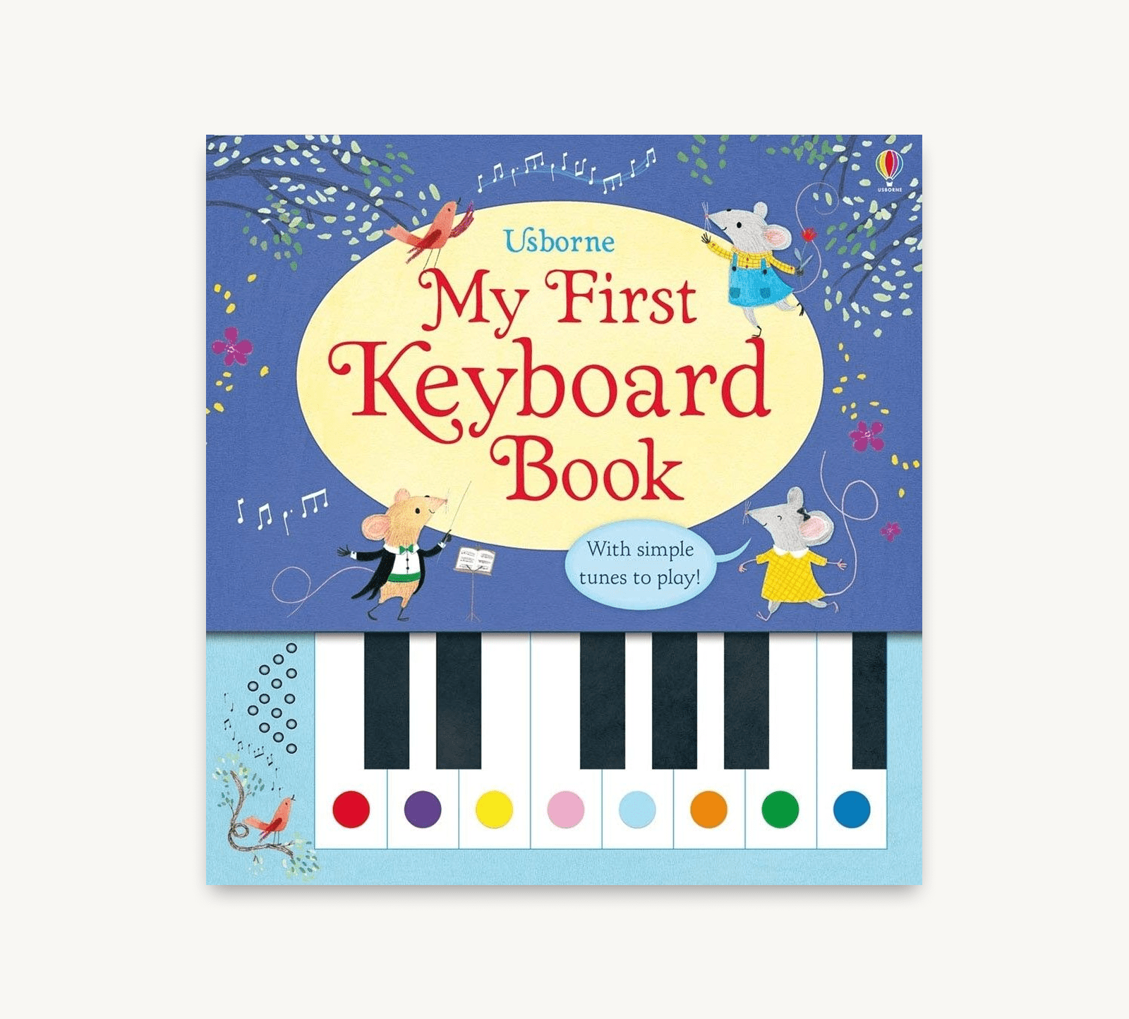 Children's book titled 'My First Keyboard Book' with colorful illustrations on a blue background