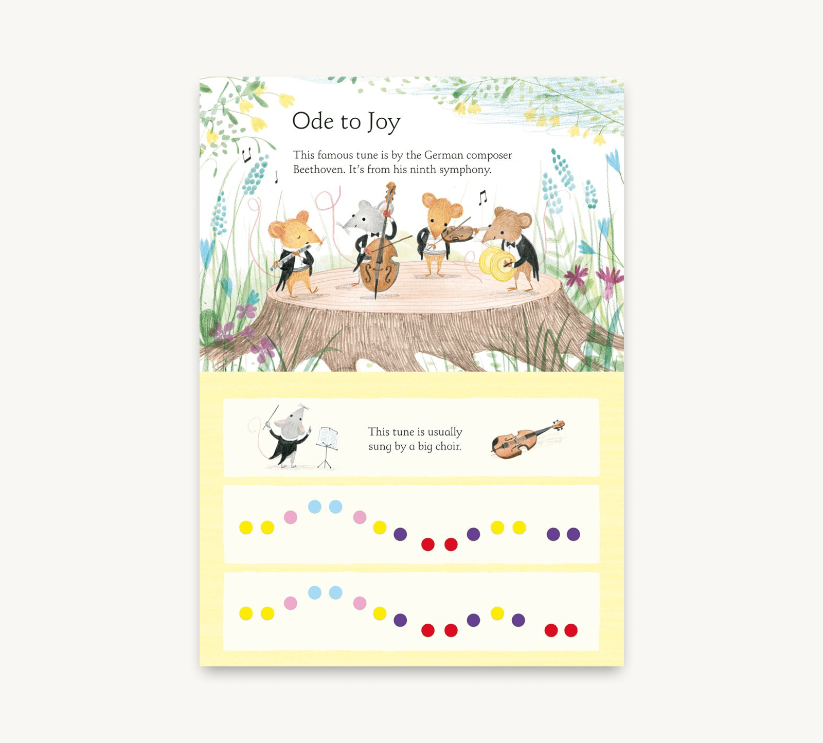 Educational poster about 'Ode to Joy' with cartoon animals playing instruments on a tree stump.