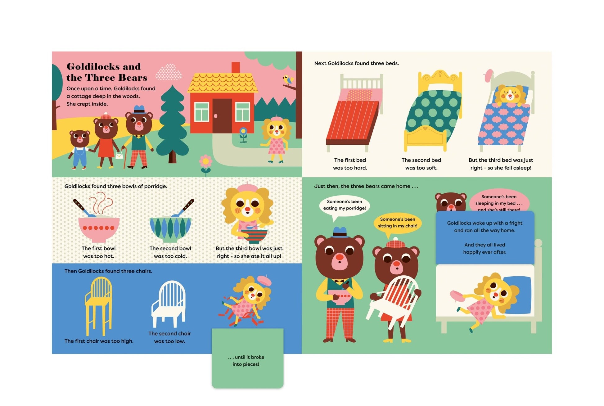 Illustrated children's book page with Goldilocks and the Three Bears story