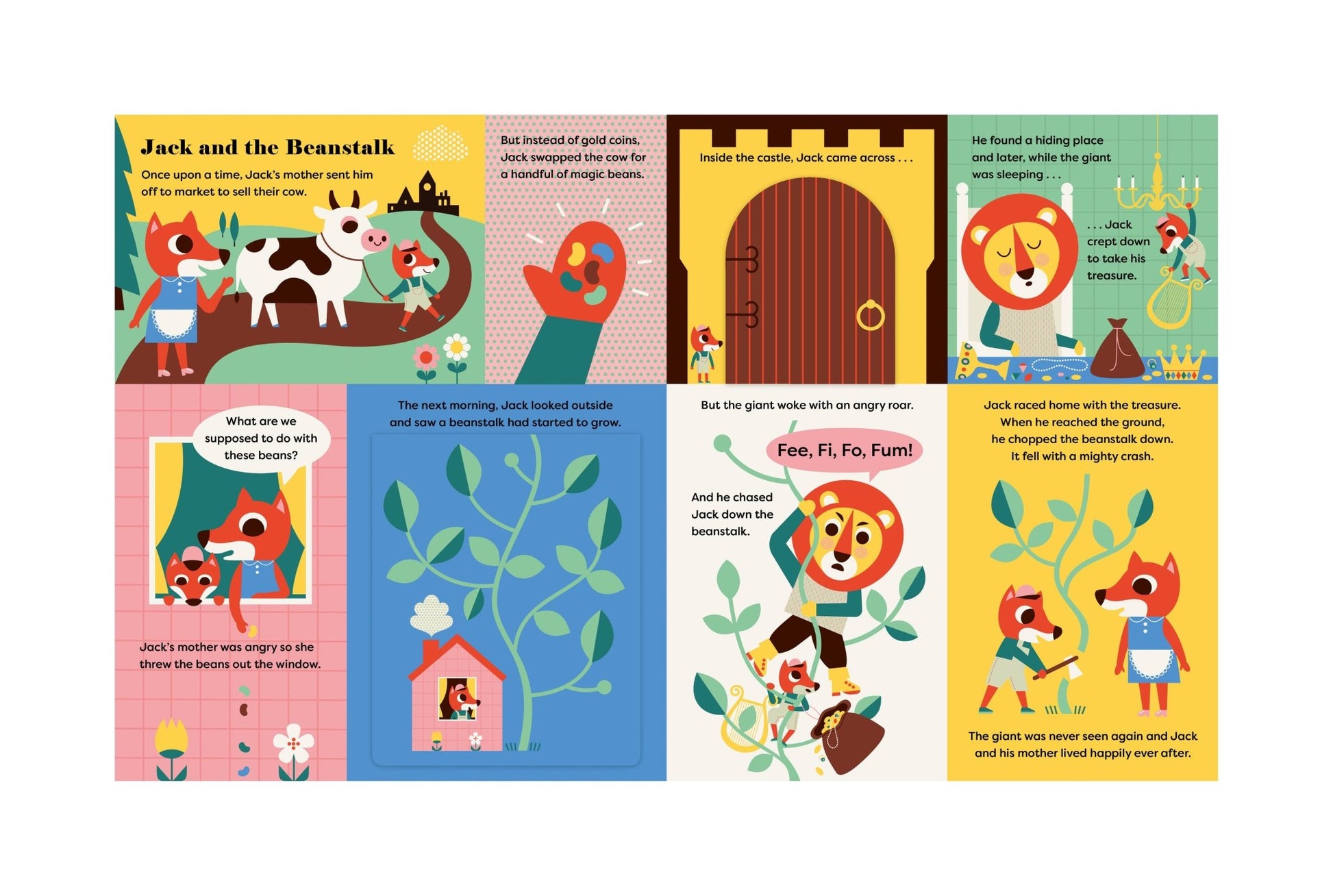 Illustrated pages from a children's book about Jack and the Beanstalk.