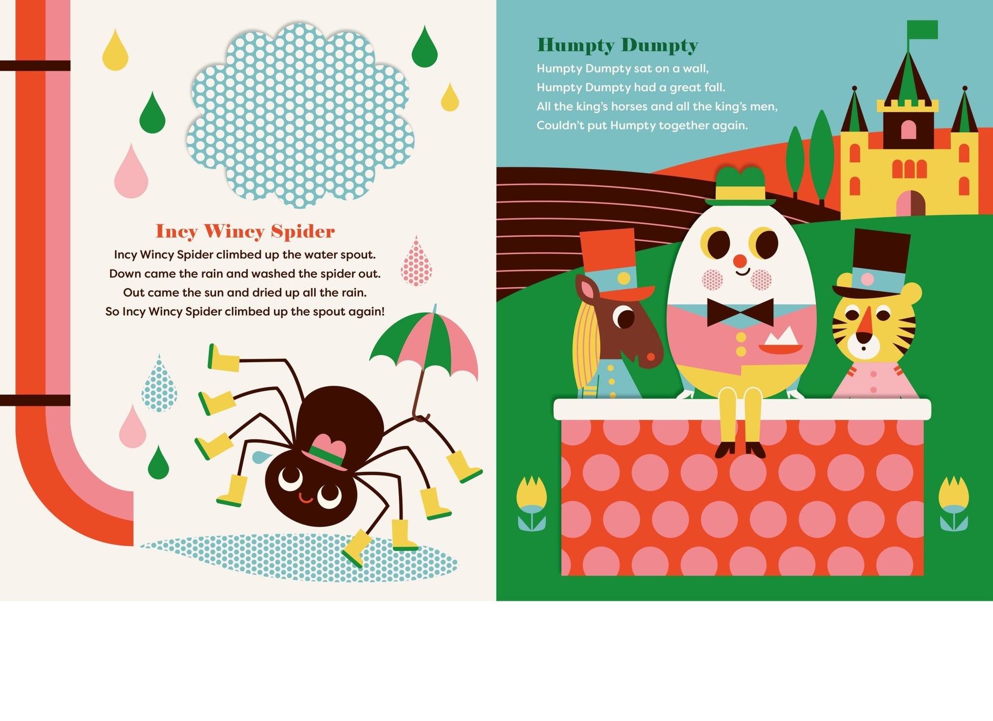 Illustrated children's book pages with a spider and castle scene.