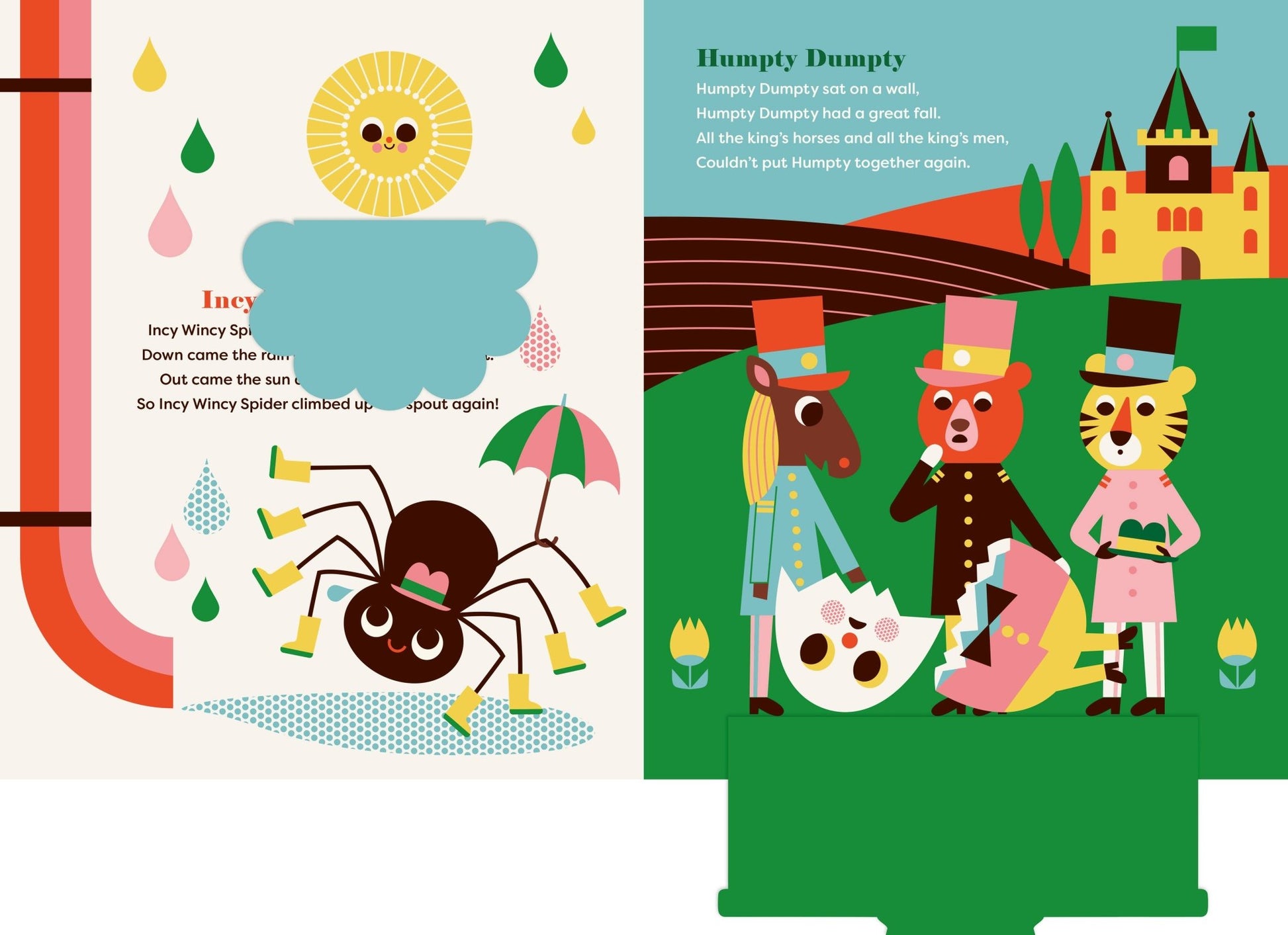 Illustrated pages from a children's book with a spider, castle, and animal characters.