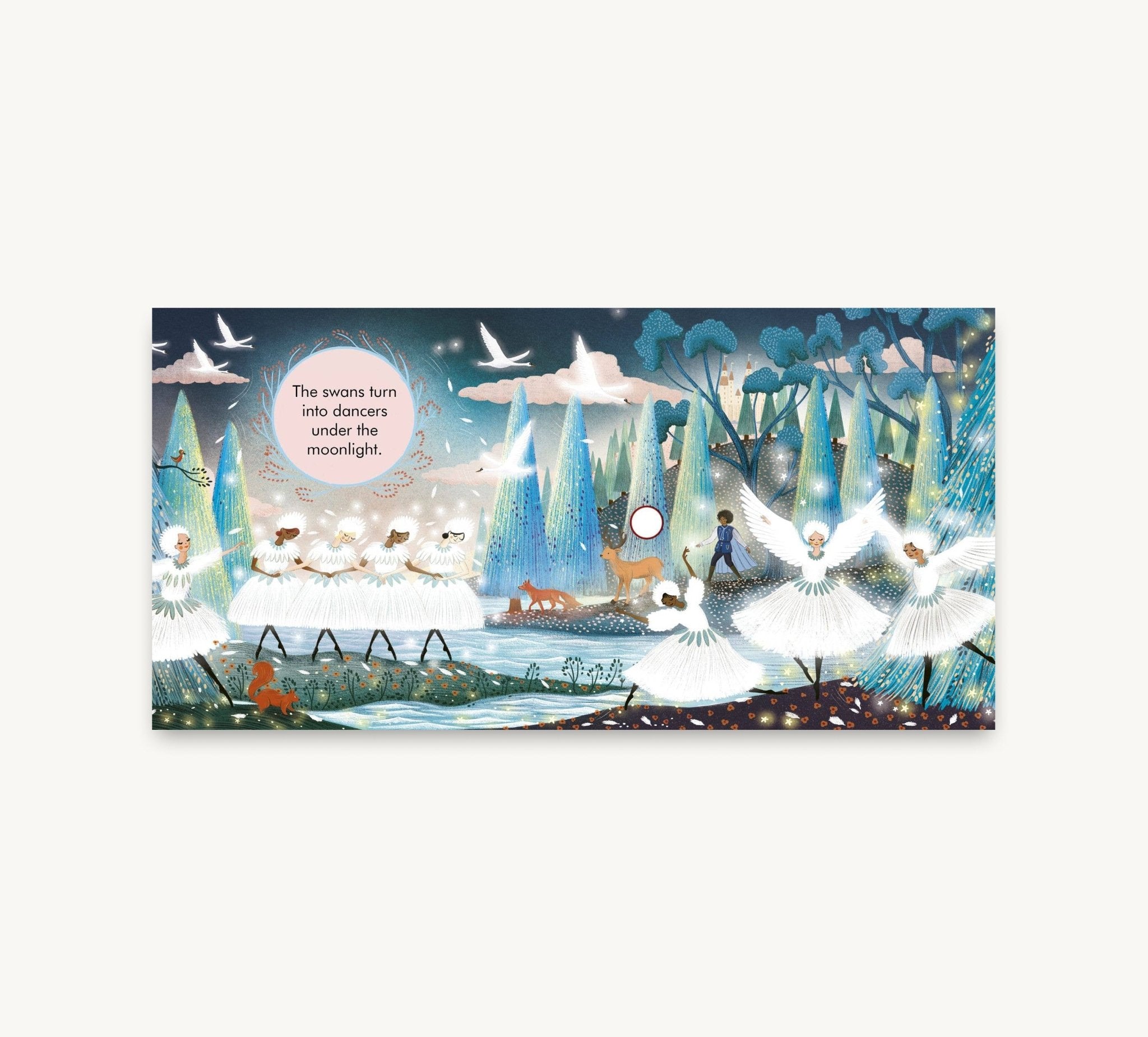 Illustrated scene with swans and children by a lake, featuring text about swans turning into dancers. Haliburtons & Co.