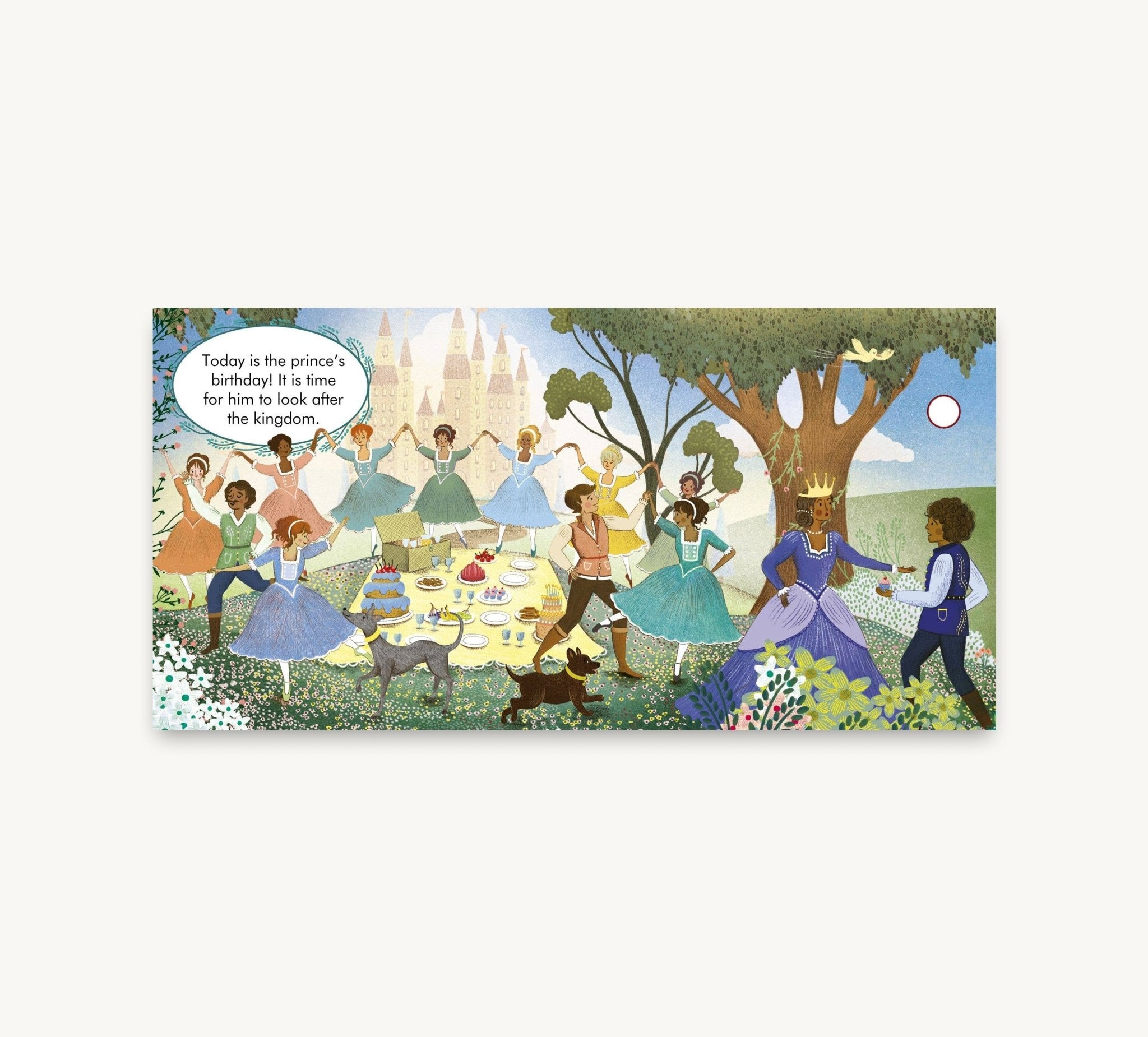 Illustrated scene of a prince's birthday party with people in colorful outfits in a garden.
