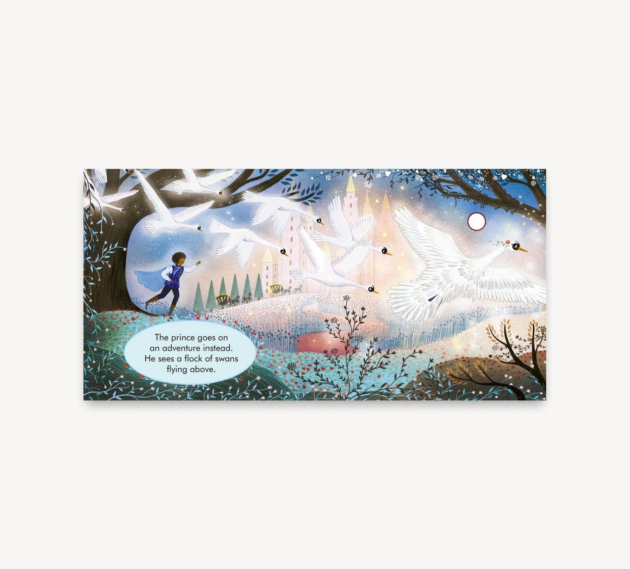 Illustrated book page with a prince and swans in a magical forest setting.