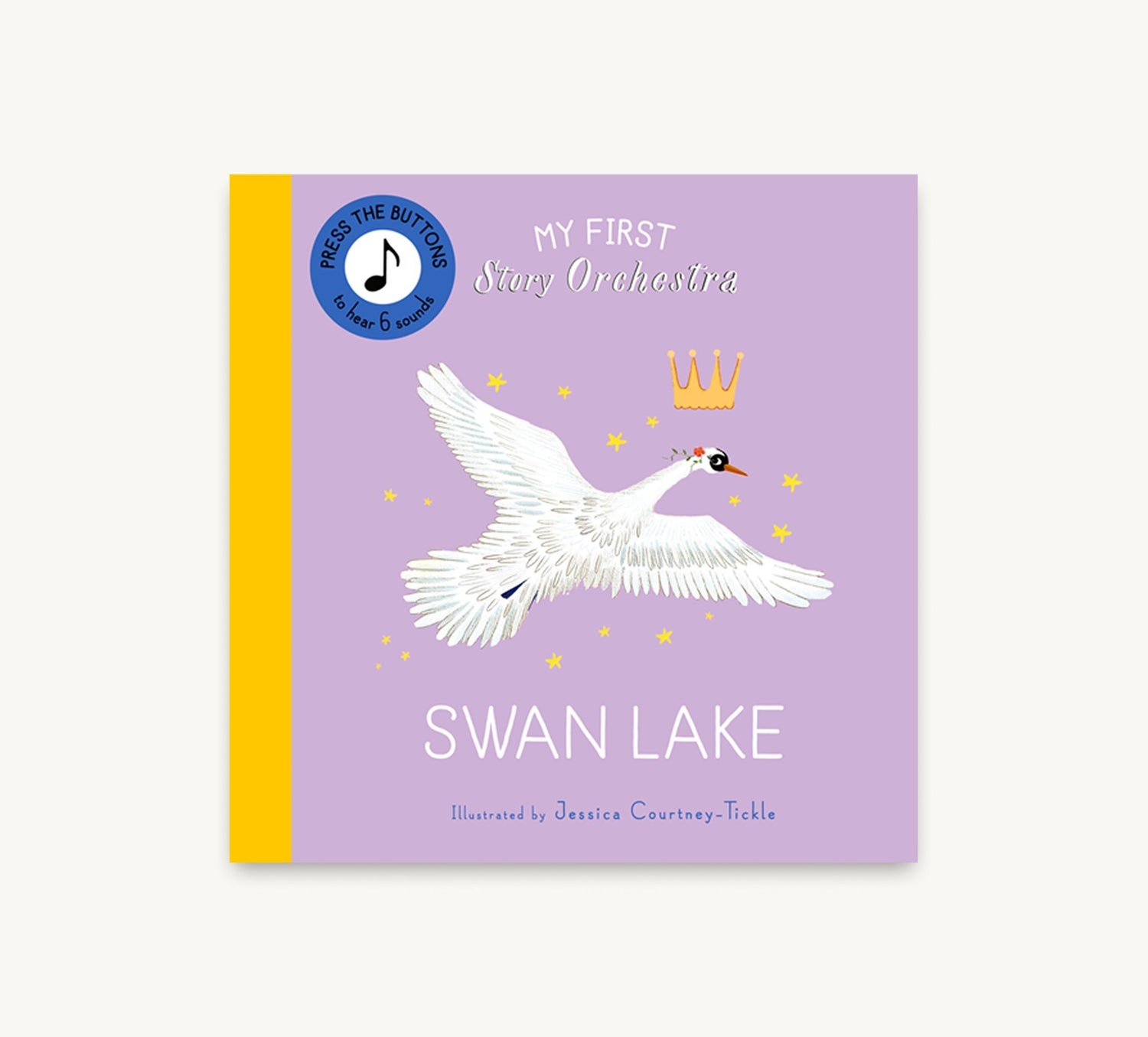 Book cover of 'My First Story Orchestra Swan Lake' with a purple background and white swan illustration. Haliburtons & Co.