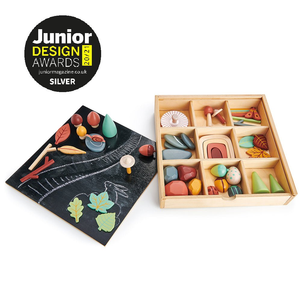 Wooden toy set with colorful pieces in a box, alongside a chalkboard with drawings, on a white background.