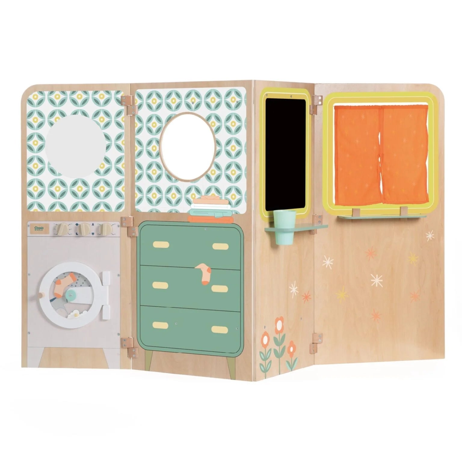 Children's play kitchen set with various compartments and colorful designs on a white background.