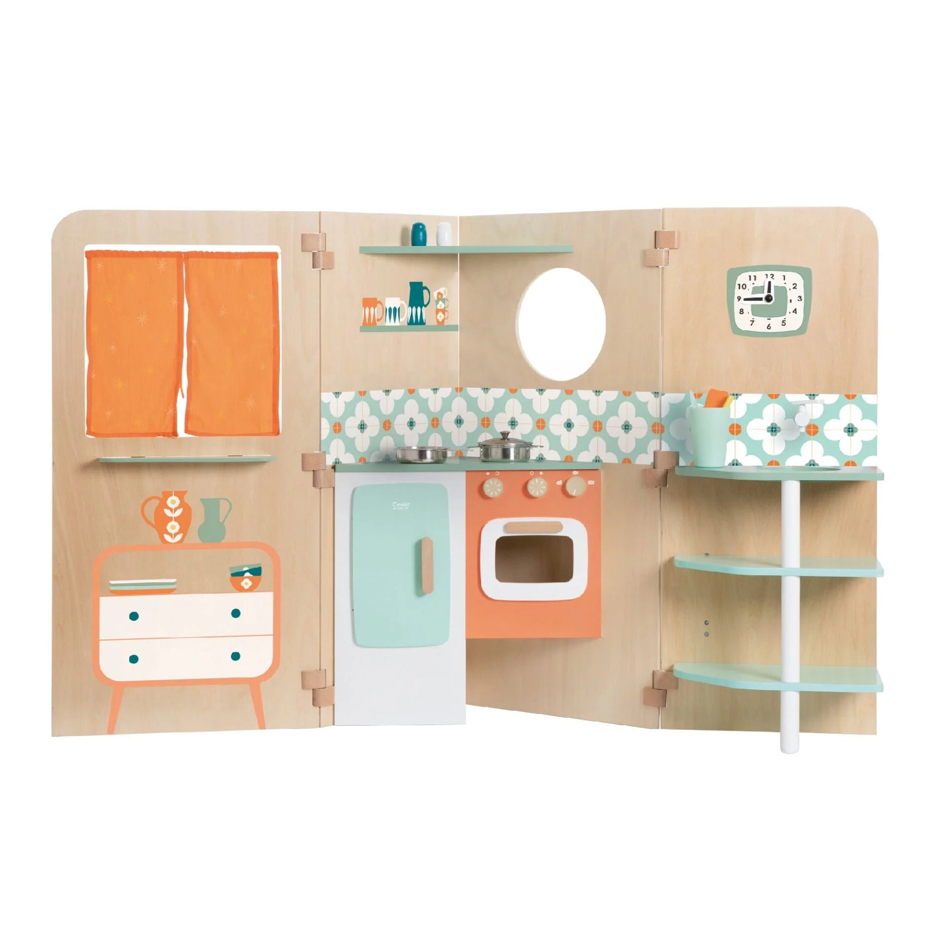 Children's play kitchen set with wooden cabinets, sink, and shelves on a white background