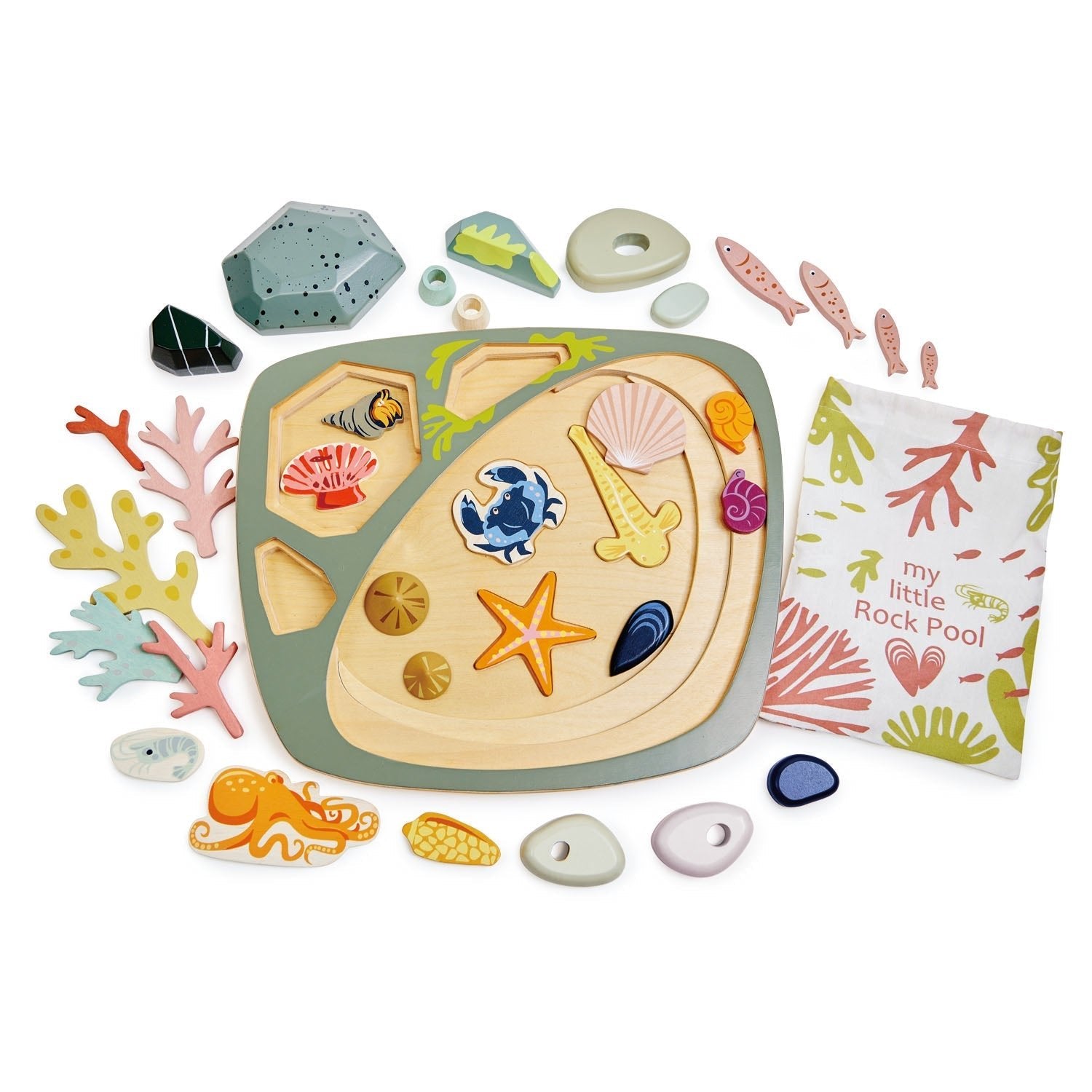 Children's toy set with a rock pool tray, sea creatures, and a book titled 'My Little Rock Pool' on a white background.