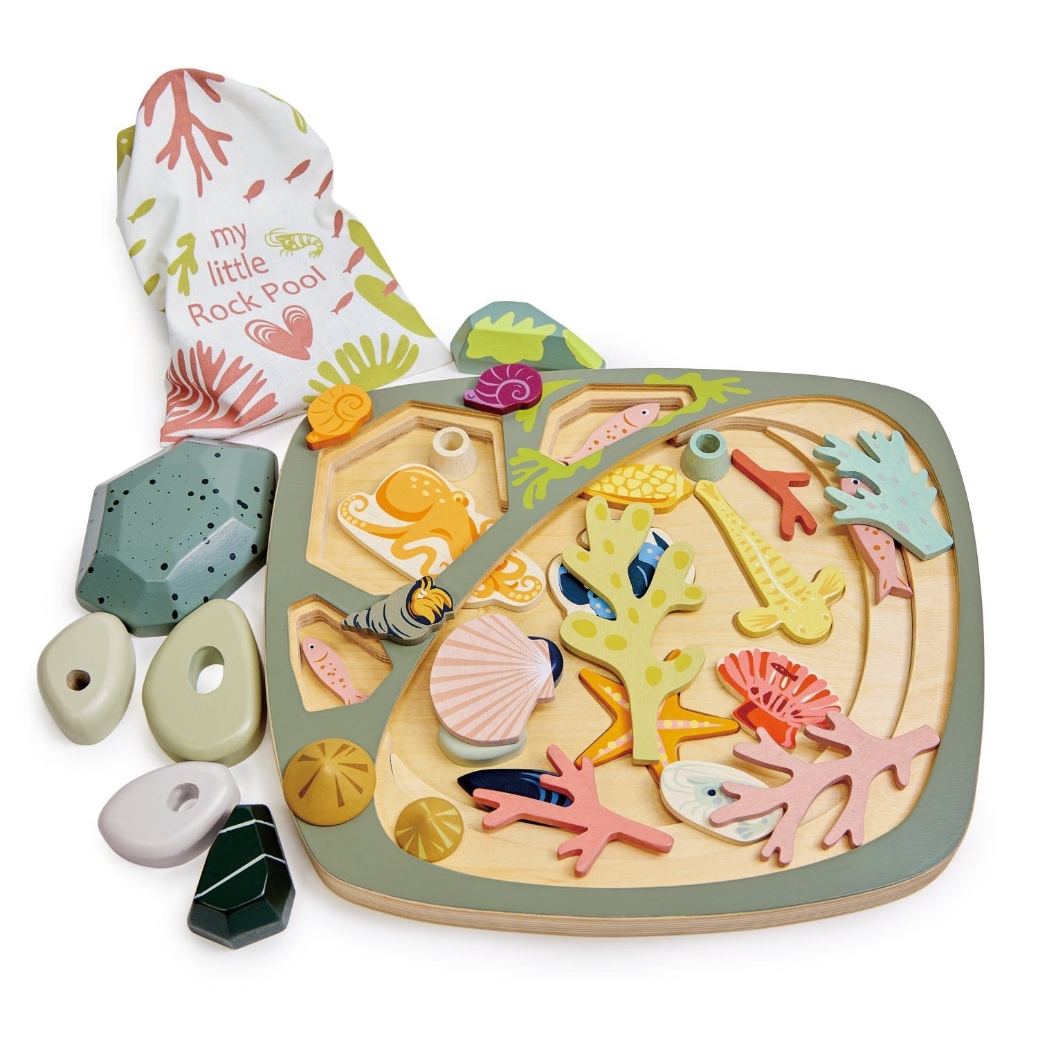 Children's educational toy set with sea-themed pieces on a white background