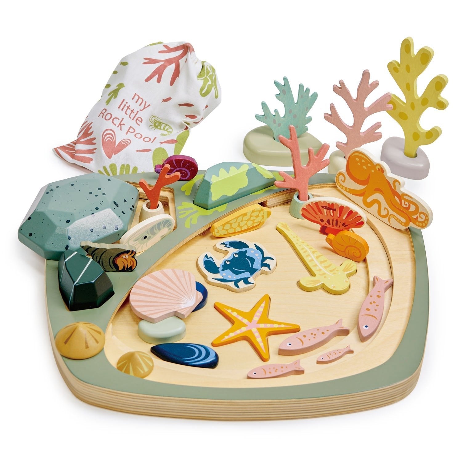 Children's wooden play set with sea creatures and coral on a white background