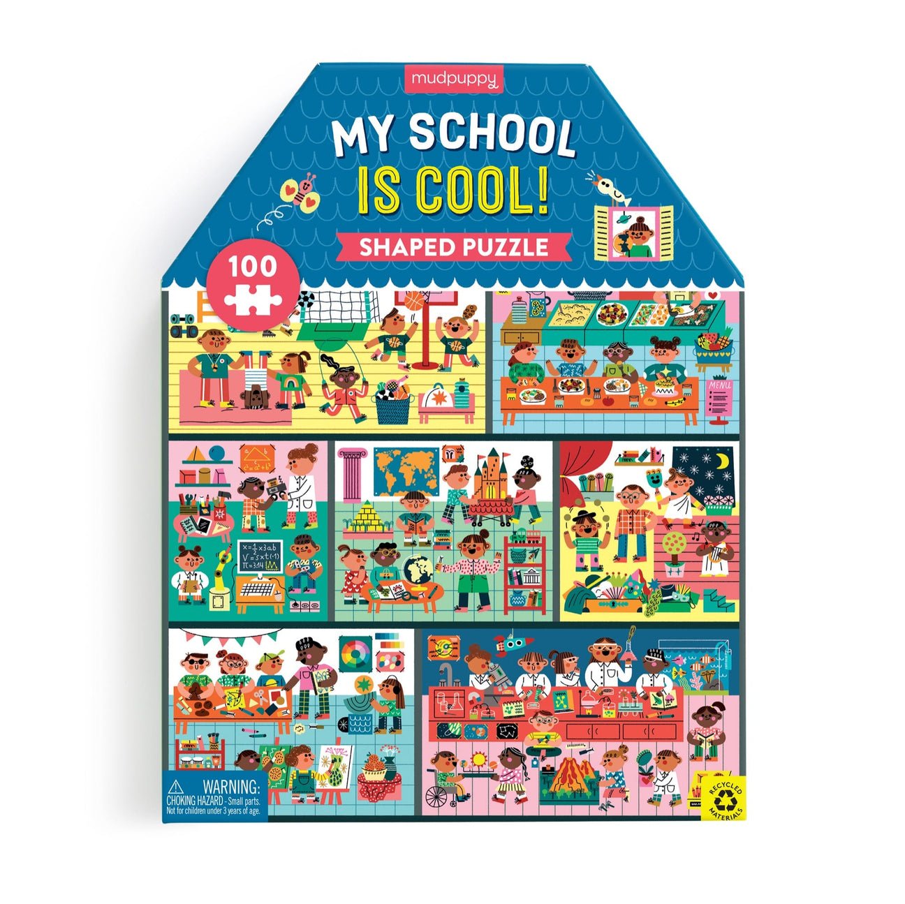 Puzzle box titled 'My School is Cool!' with colorful illustrations on a white background