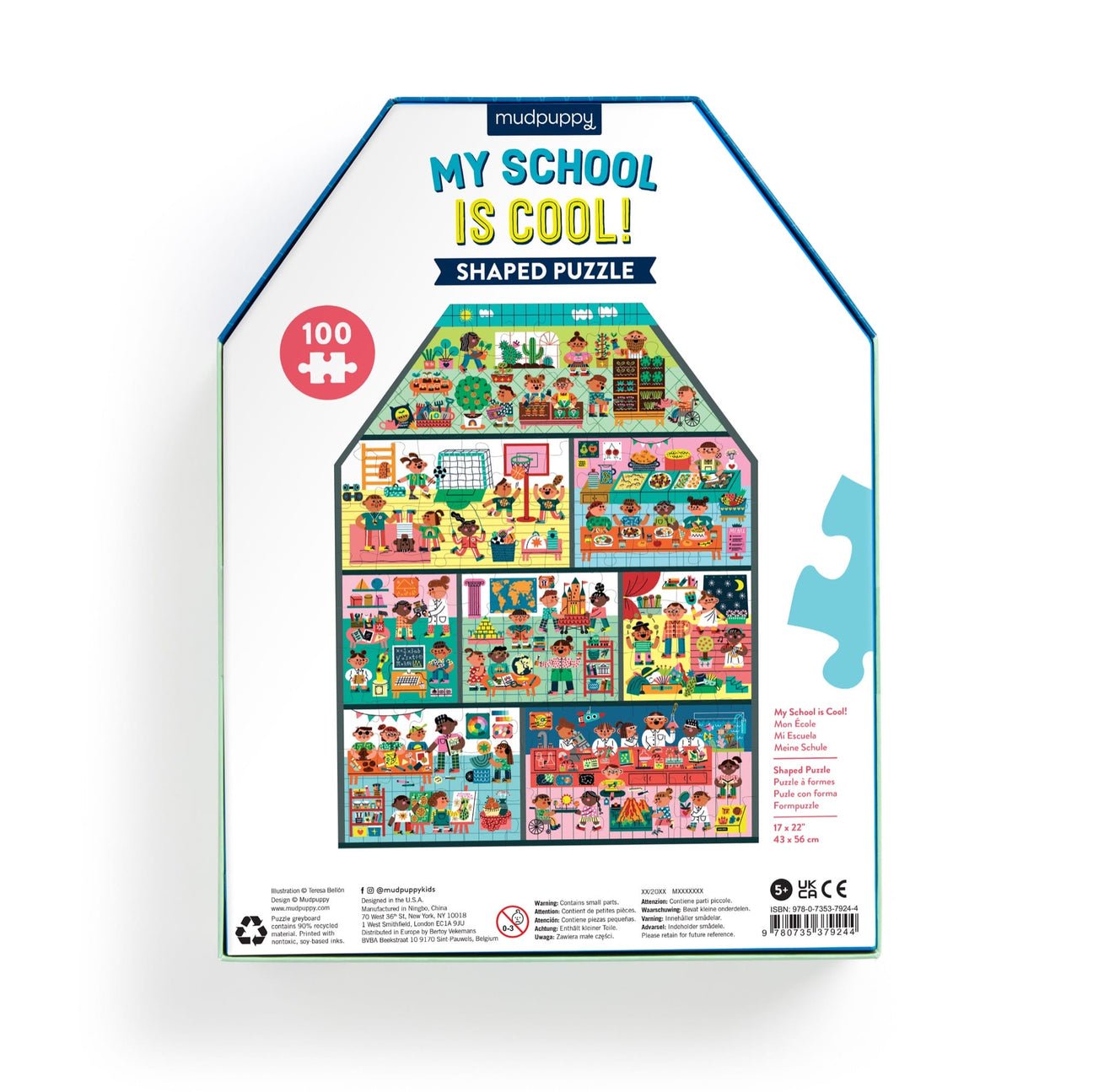 Puzzle packaging with 'My School is Cool!' title and illustrations of school scenes.