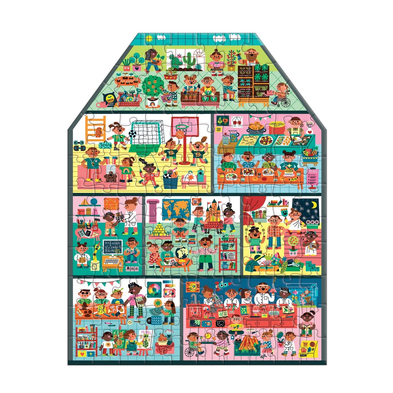 Children's house-shaped puzzle with various scenes on a white background