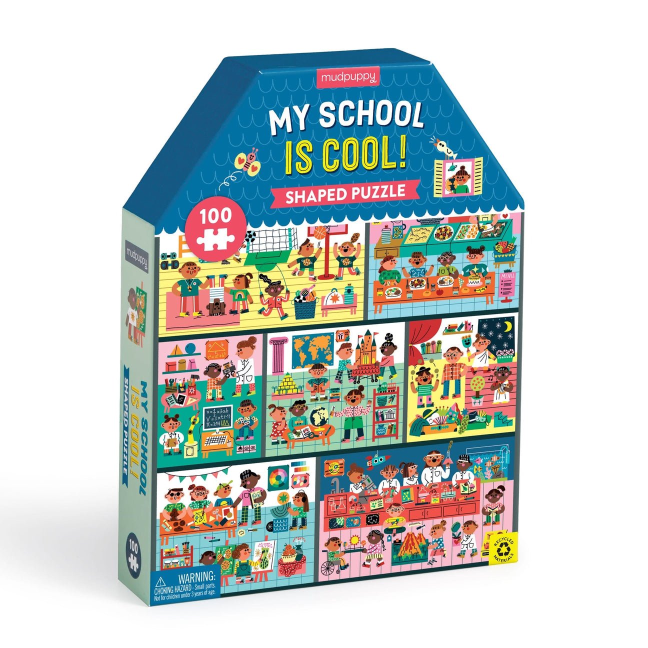 Puzzle box titled 'My School is Cool!' with colorful illustrations on a white background