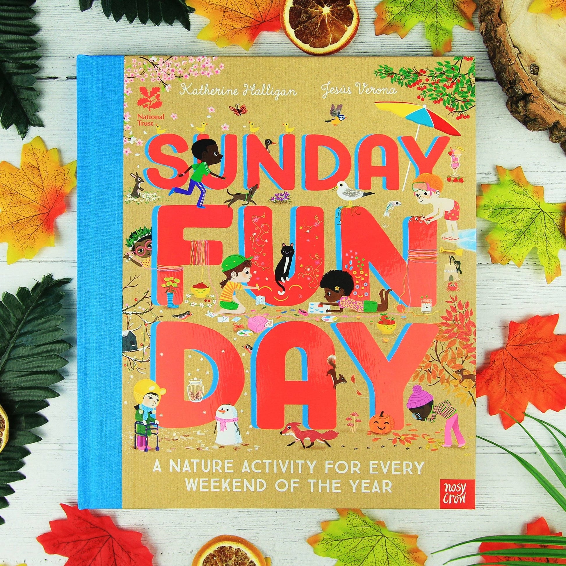 Book titled 'Sunday Fun Day' with colorful illustrations on a wooden surface with autumn leaves and decorations.