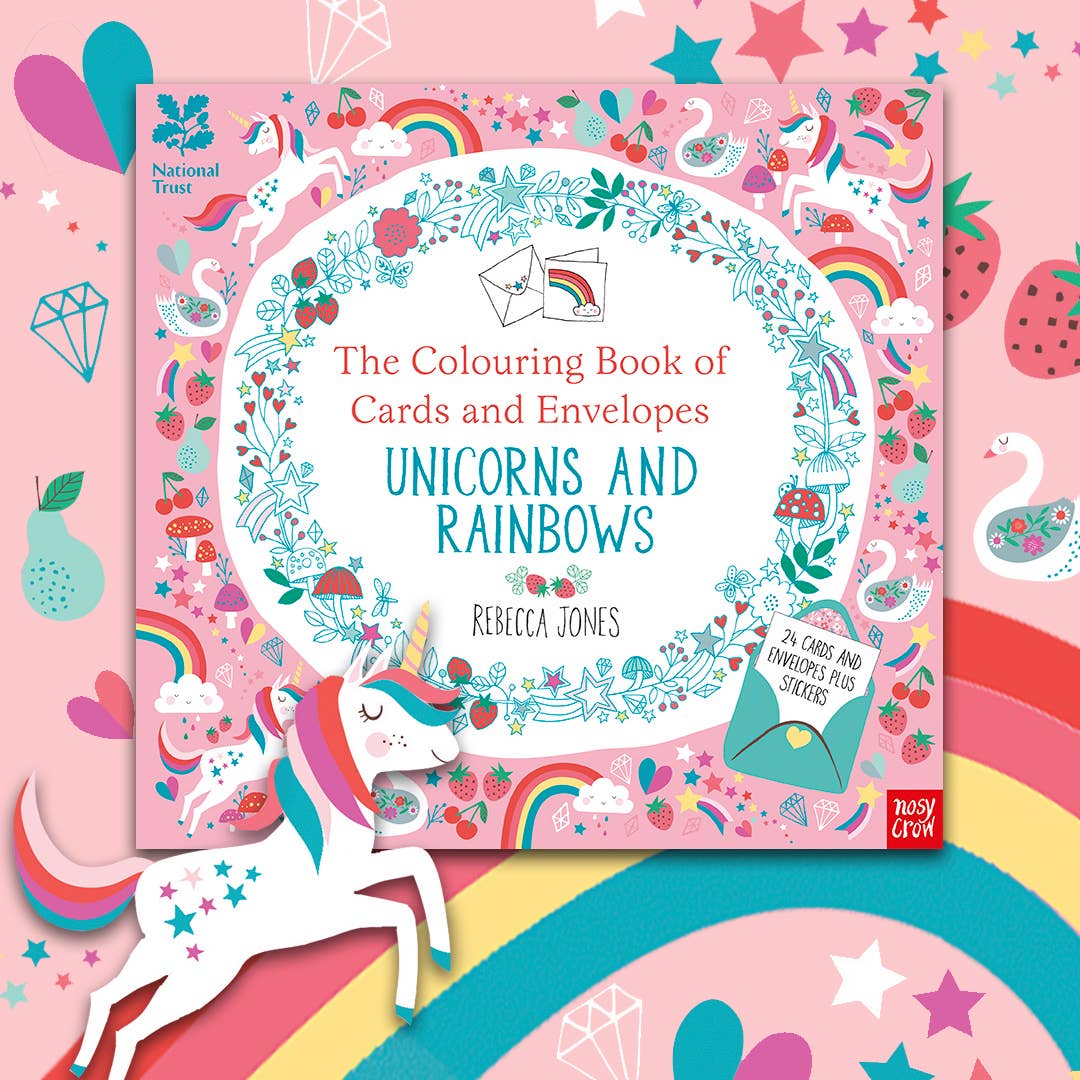 Colouring book of cards and envelopes with unicorns and rainbows on a pink background