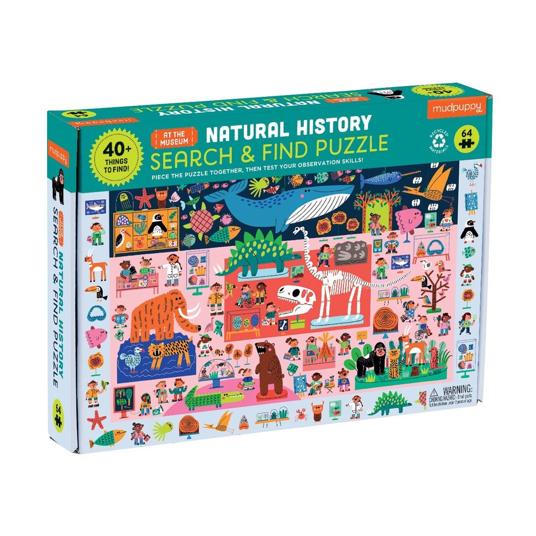 Box of a natural history search and find puzzle with colorful illustrations on a white background