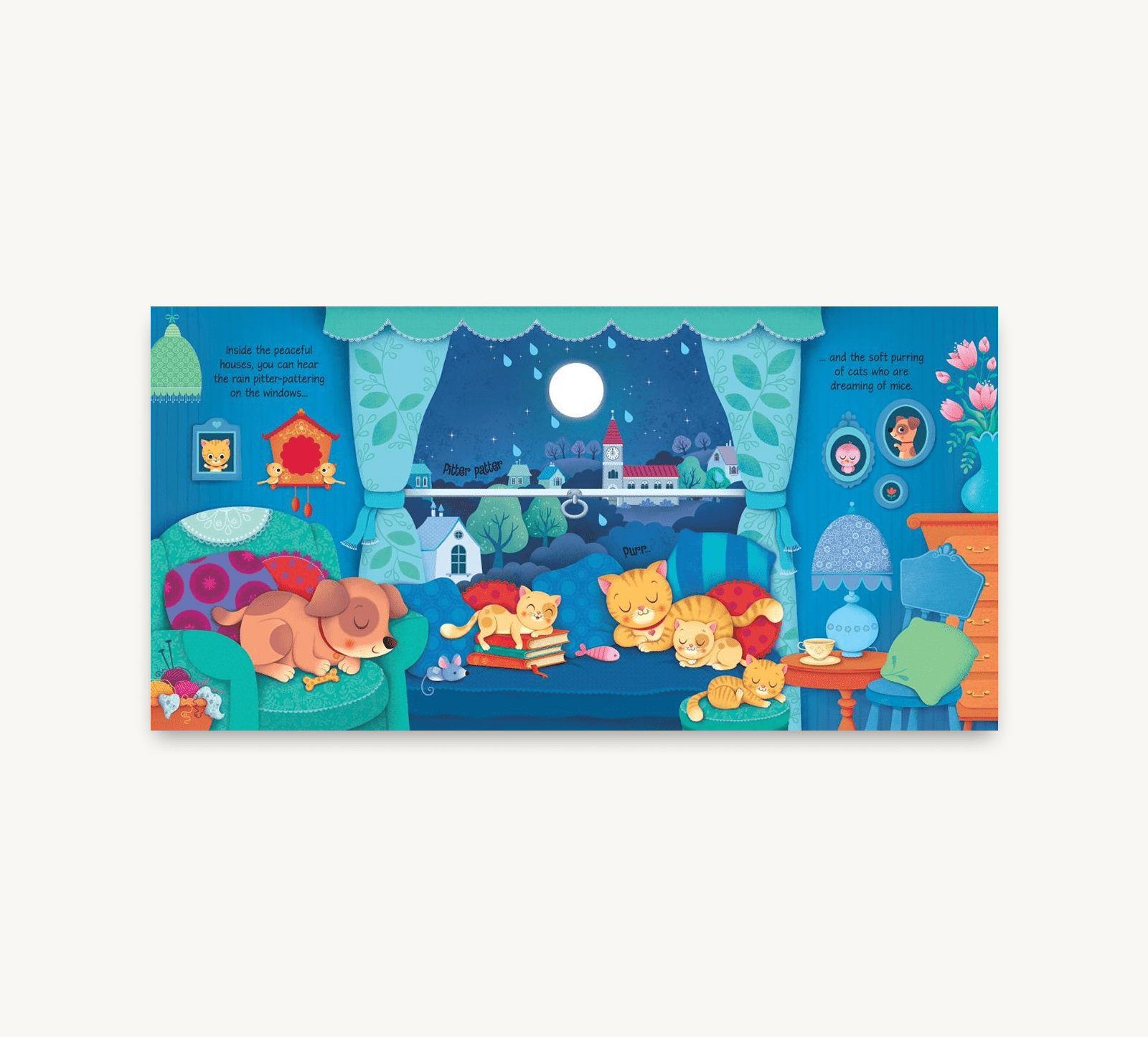 Illustrated book page with cartoon characters in a room setting