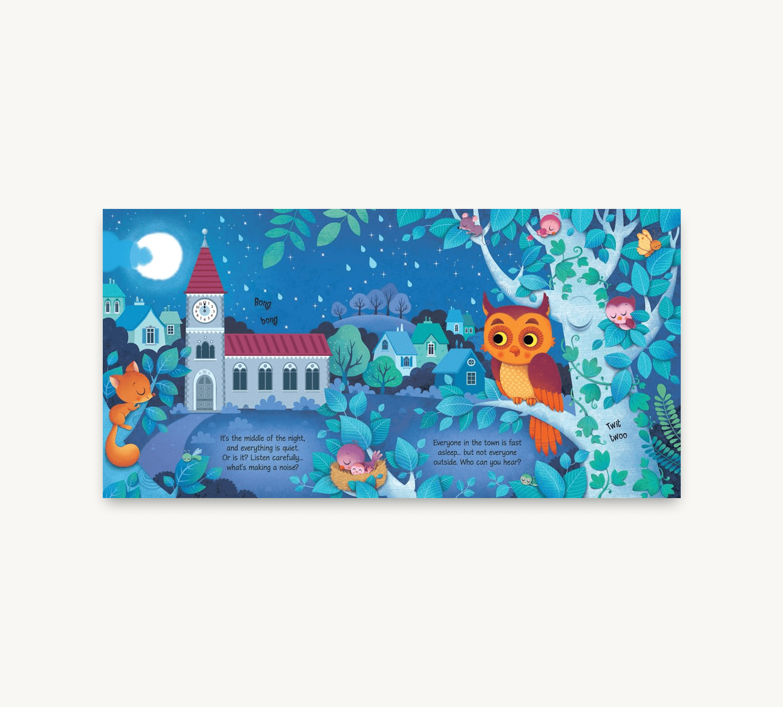 Colorful children's book page with a night scene, owl, and trees.