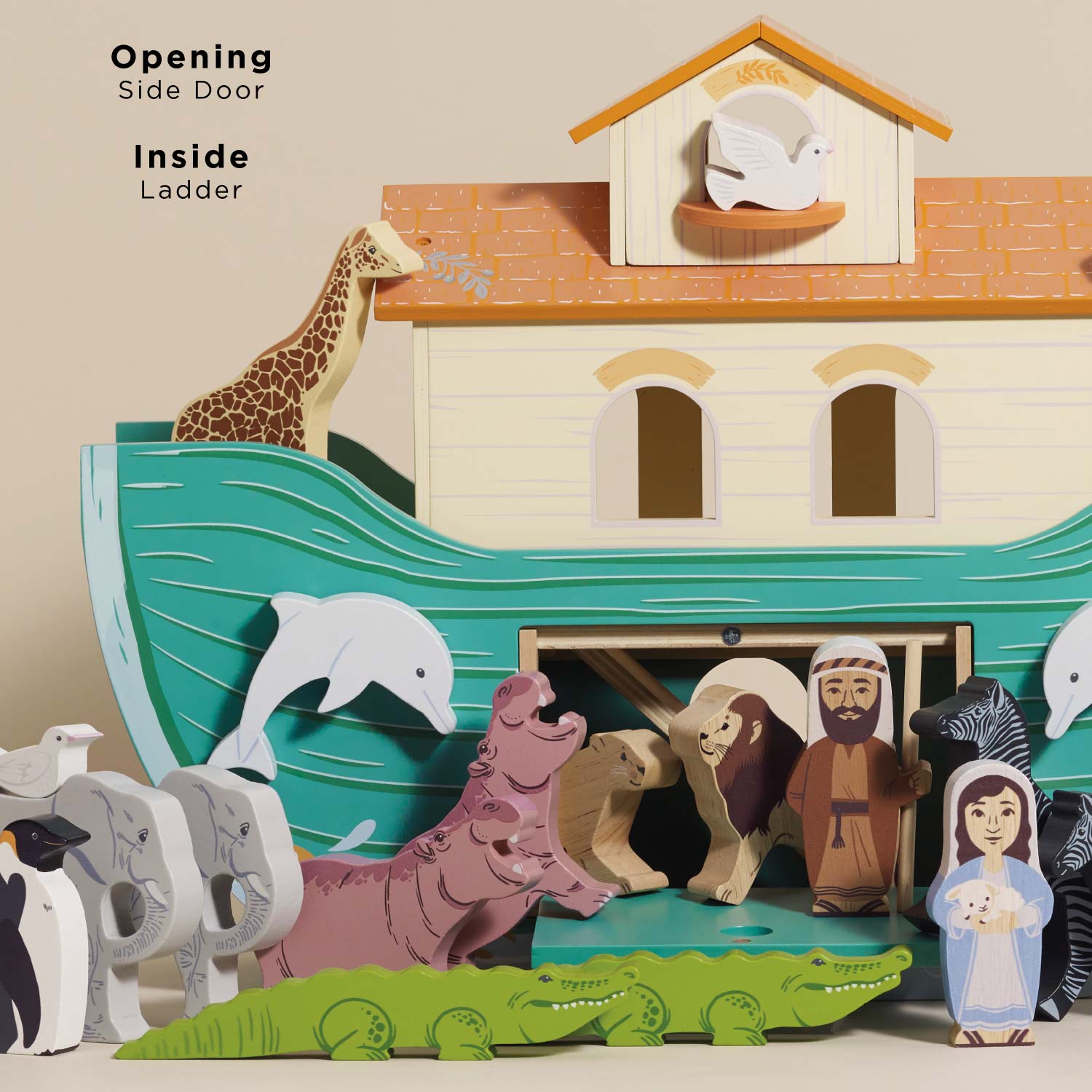 Wooden toy Noah's Ark with animals and figures on a beige background