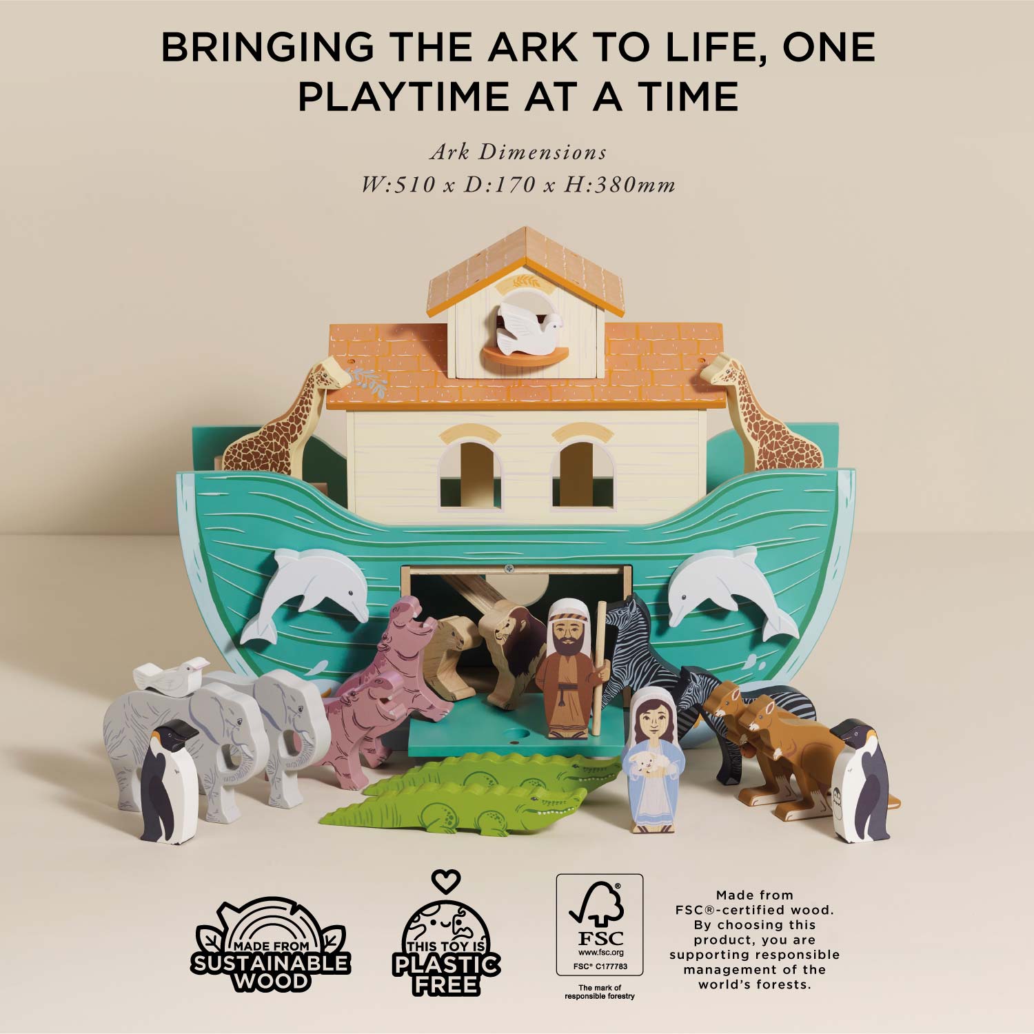 Noah's Ark toy set with animals and figures on a beige background, featuring sustainability and plastic-free certifications.