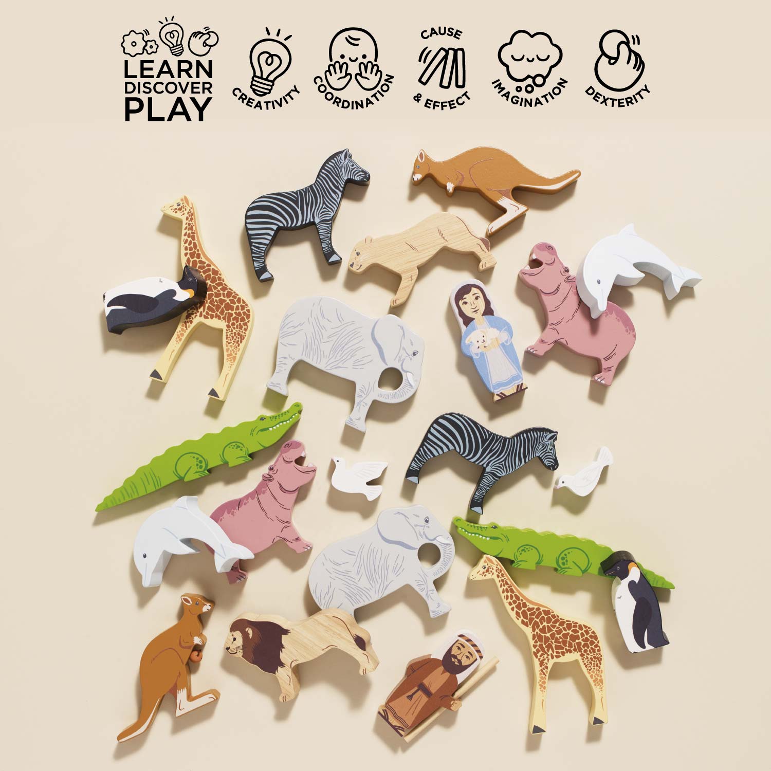 Set of wooden animal toys with educational icons above on a beige background