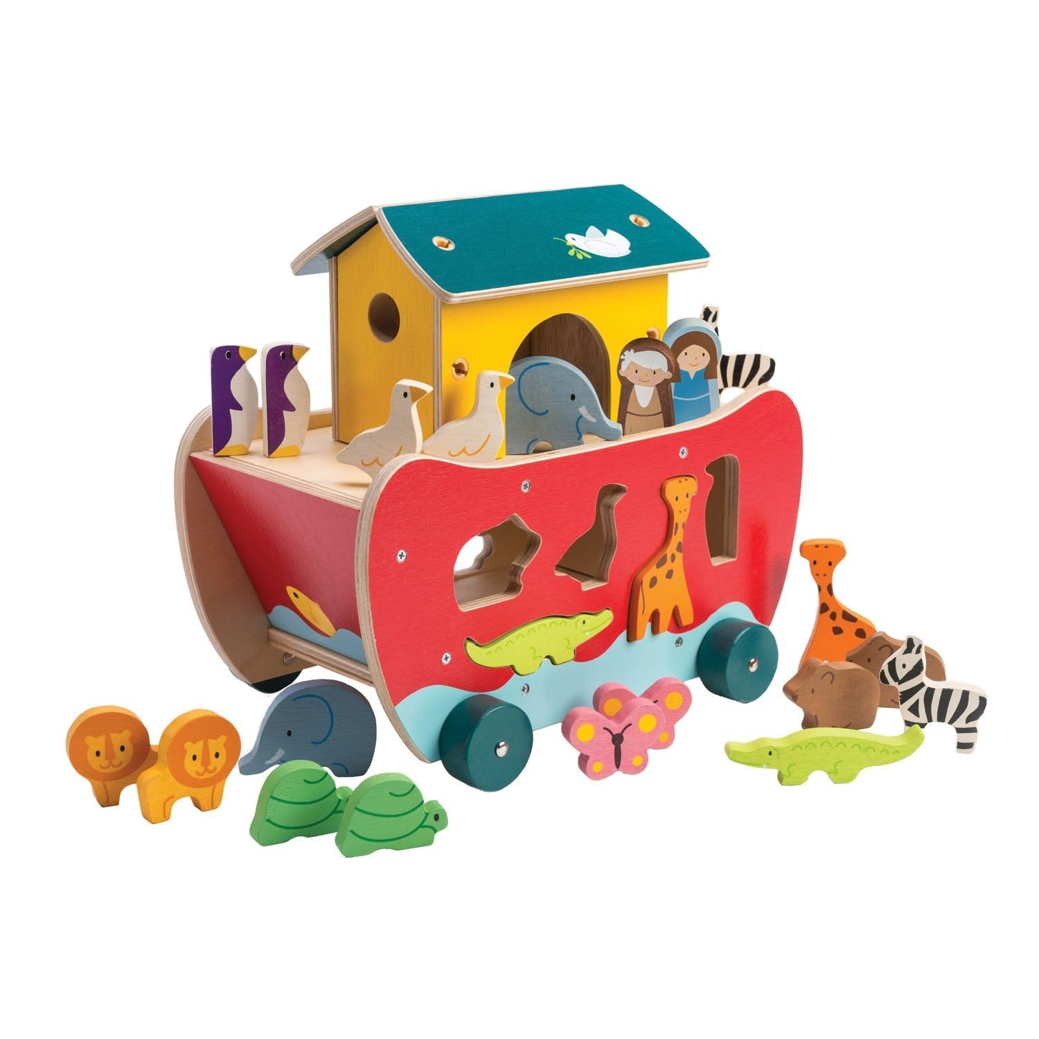 Colorful wooden toy Noah's Ark with animal figures on a white background
