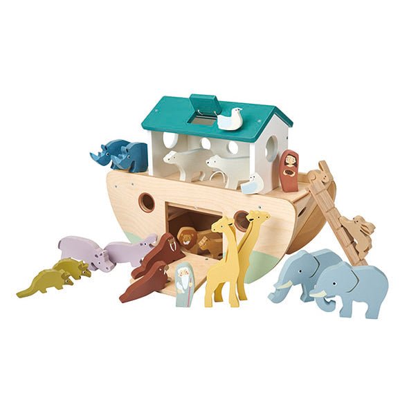 Wooden toy Noah's Ark with colorful animals on a white background