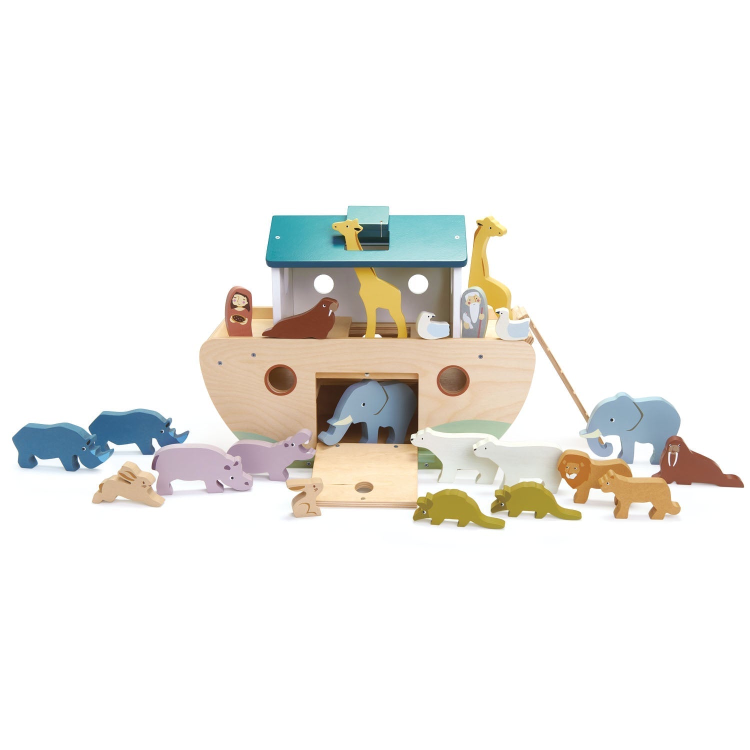 Wooden toy Noah's Ark with animal figures on a white background