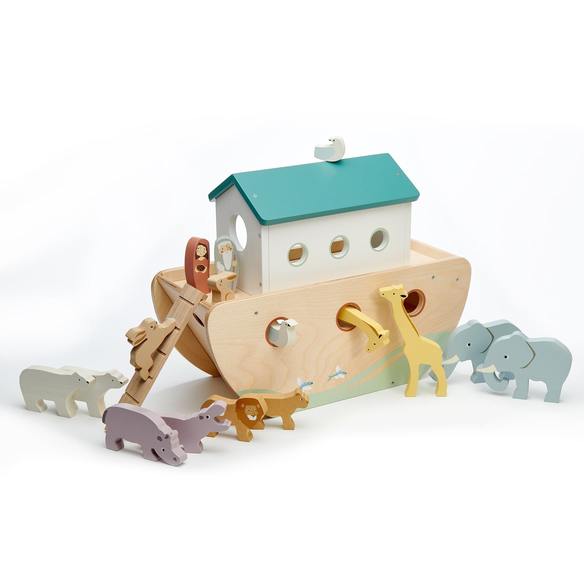 Wooden toy Noah's Ark with colorful animals on a white background