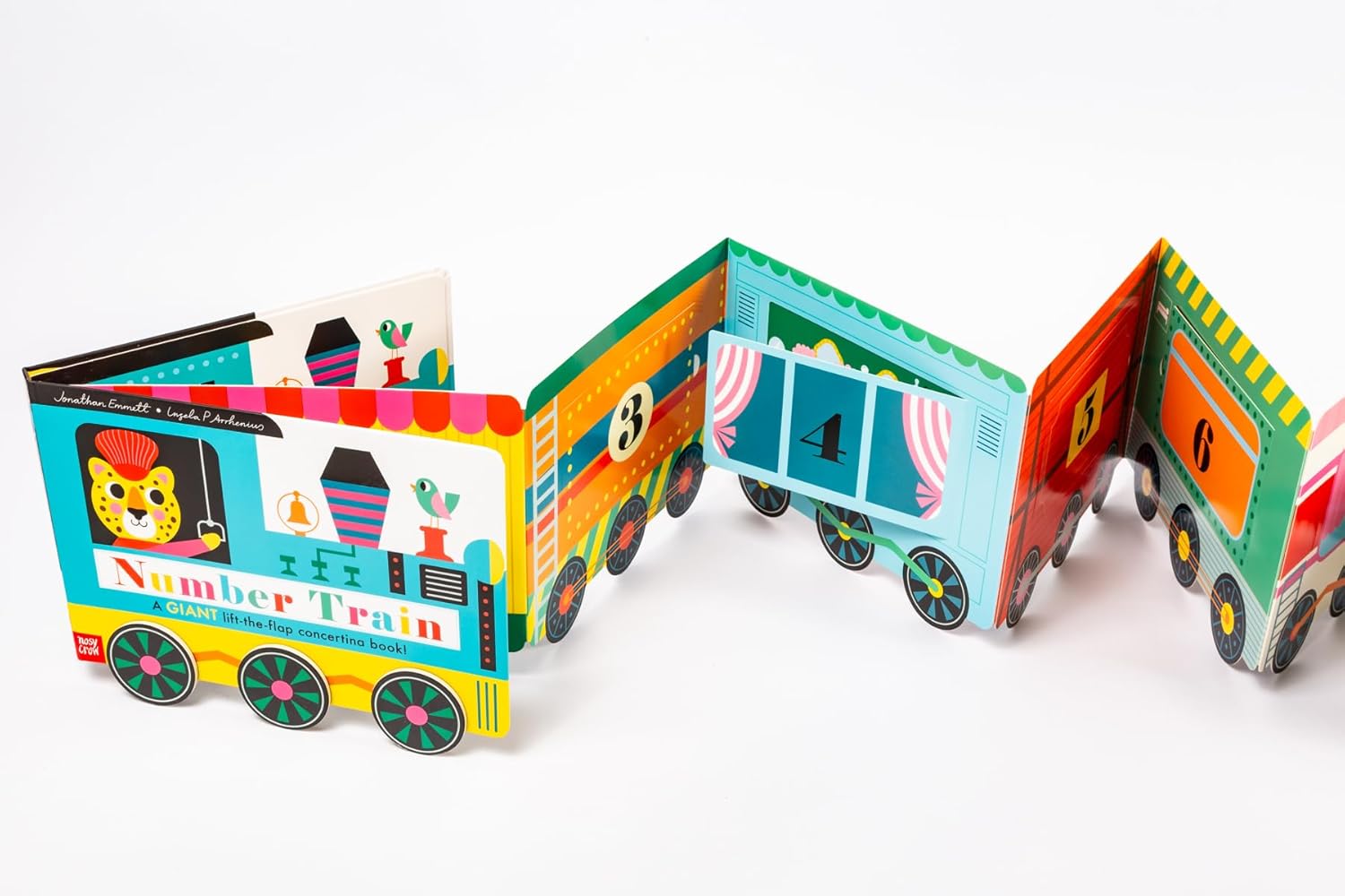 Colorful children's book with train design on a white background