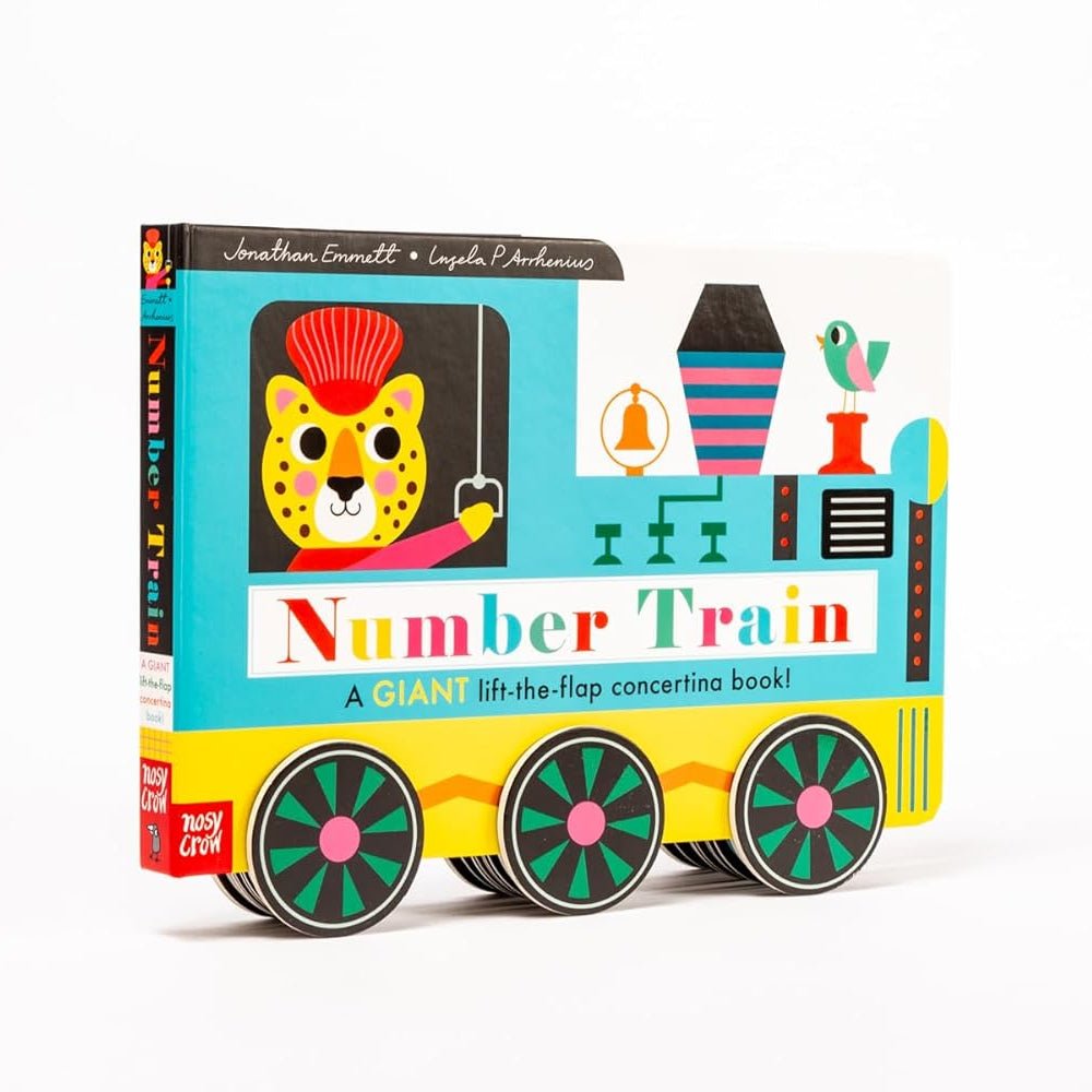 Children's book titled 'Number Train' with colorful train design on a white background