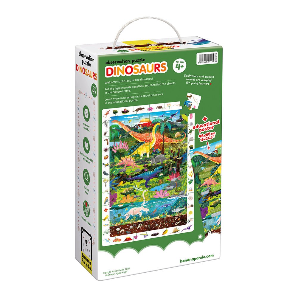 Jigsaw puzzle box for children featuring dinosaurs on a white background