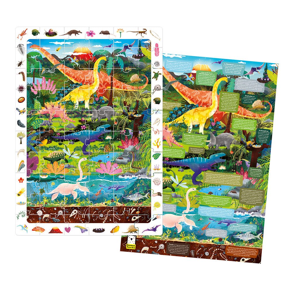 Dinosaur-themed puzzle with colorful illustrations on a white background