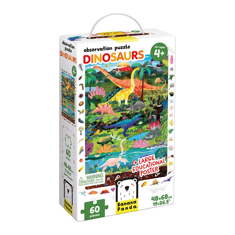 Dinosaurs observation puzzle packaging with colorful illustrations on a white background