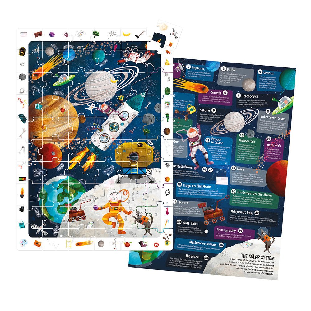 Space-themed puzzle with educational panels on a white background