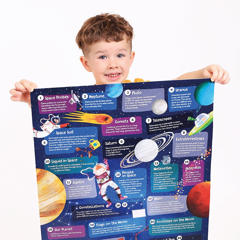 Child holding a space-themed educational poster with illustrations and text.