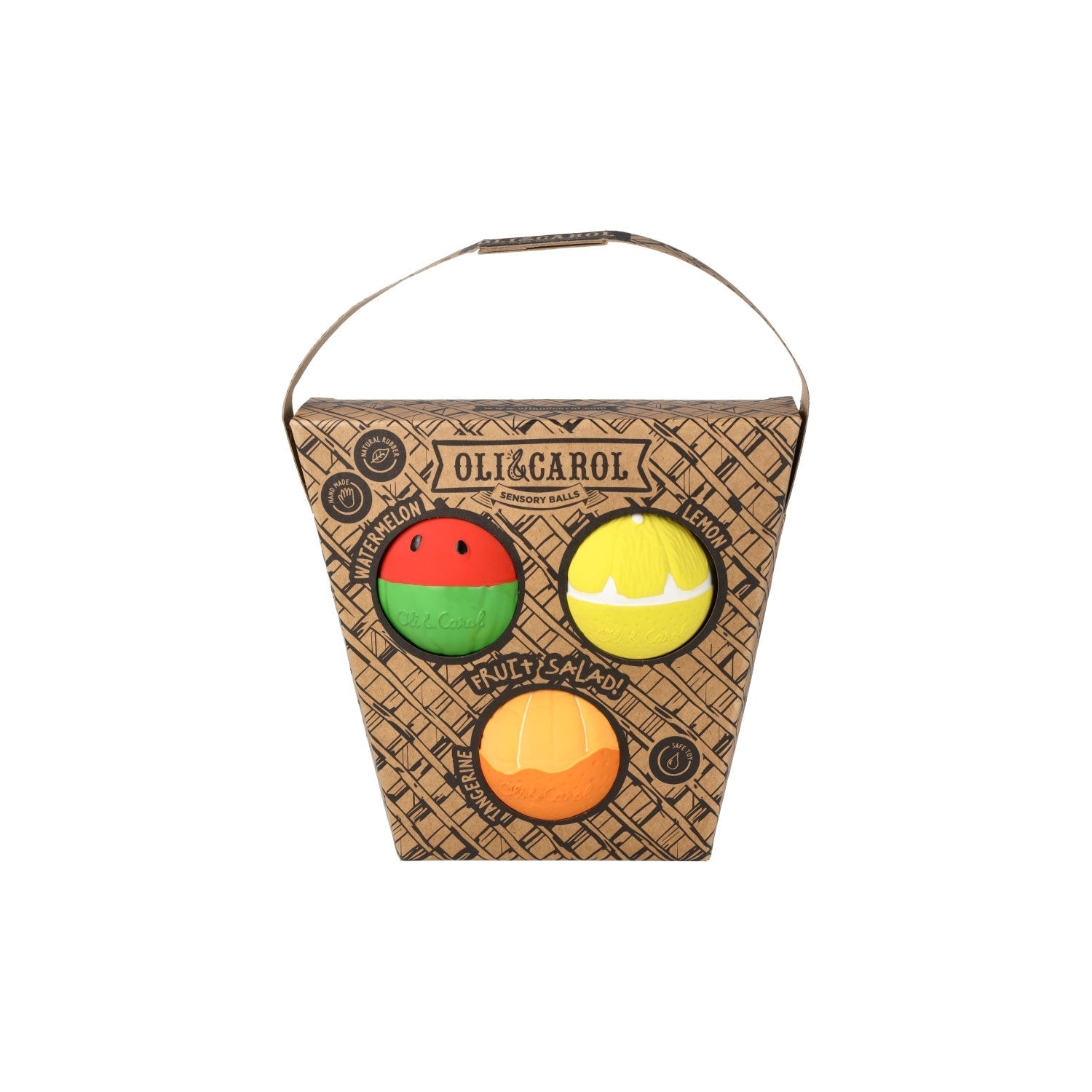 Cardboard box with colorful balls on a white background
