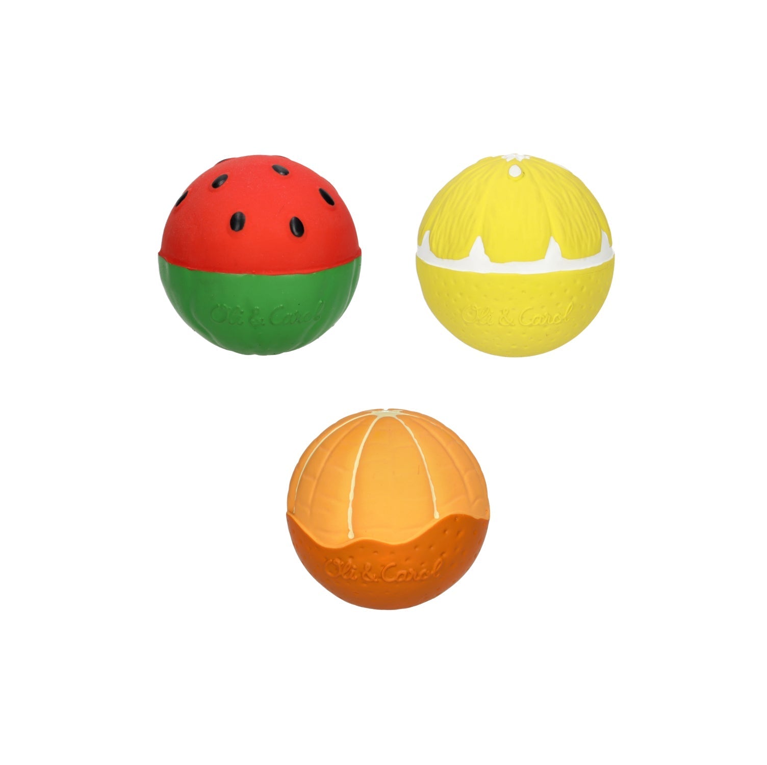 Three colorful fruit-shaped balls on a white background