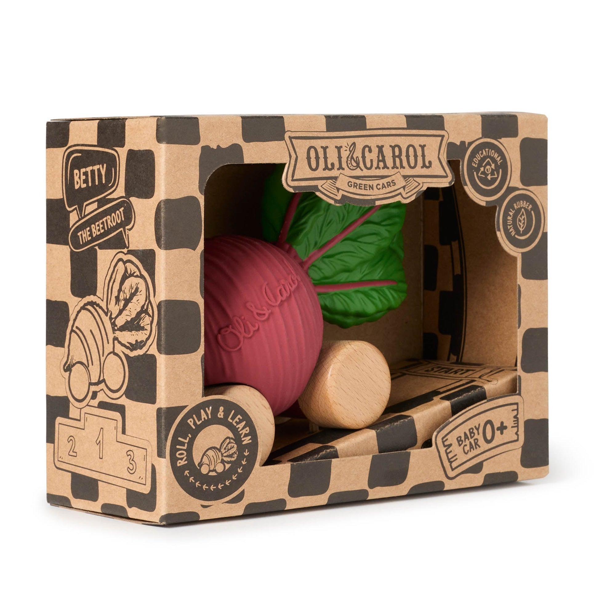 Oli & Carol toy packaging with a beet-shaped ball and wooden block inside.