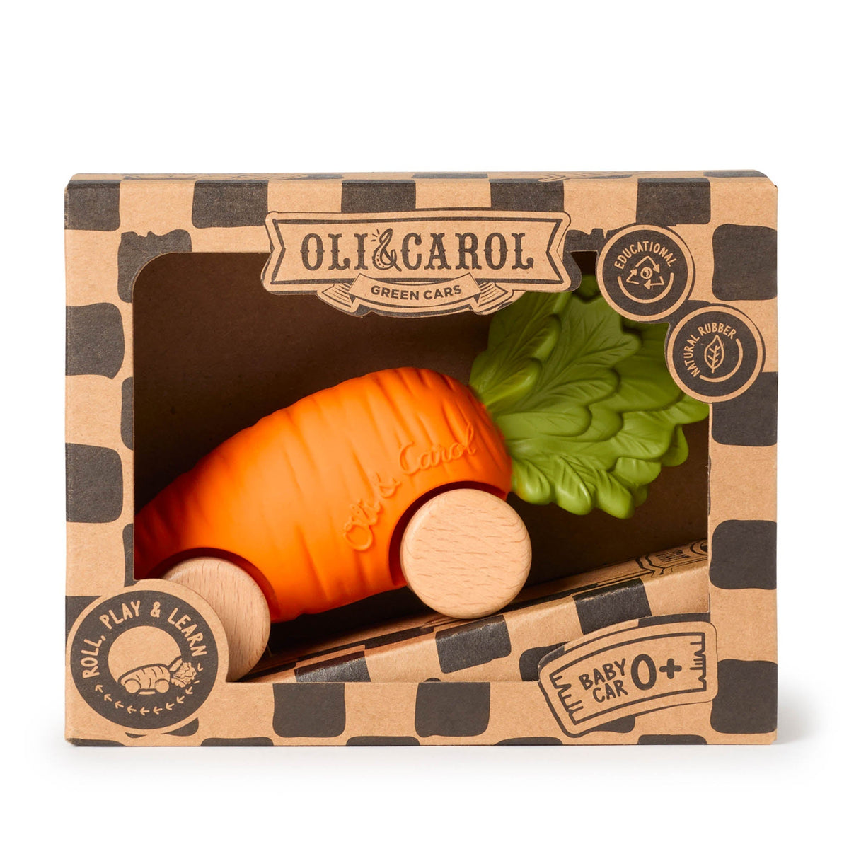 Carrot-shaped toy with wooden wheels in a branded box, featuring Oli & Carol logo.