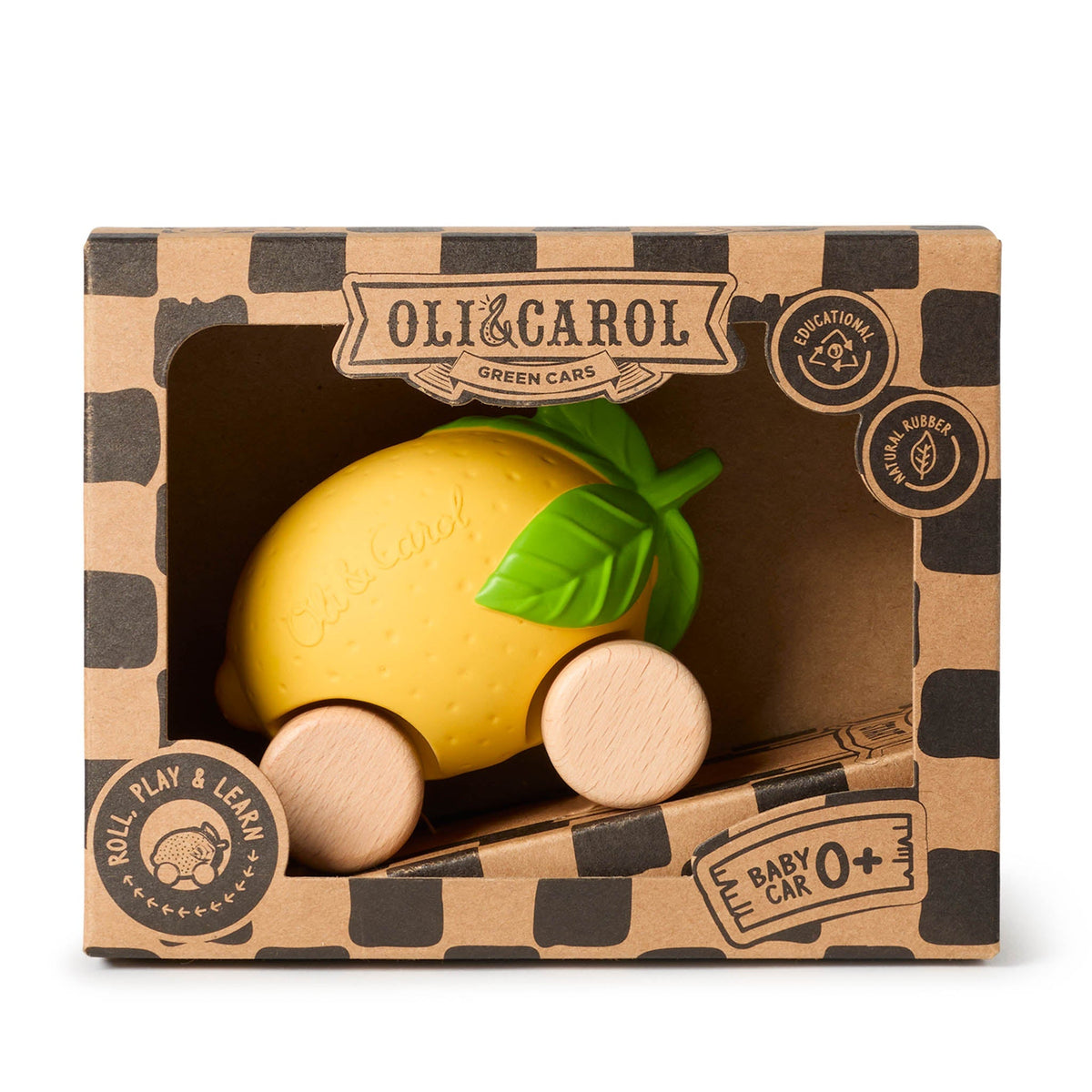 Yellow toy car with green leaves in a branded box by Oli & Carol