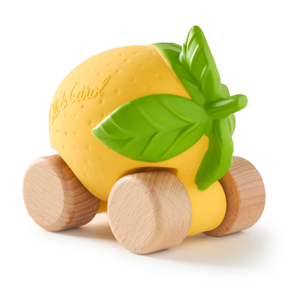 Toy lemon with wooden wheels on a white background