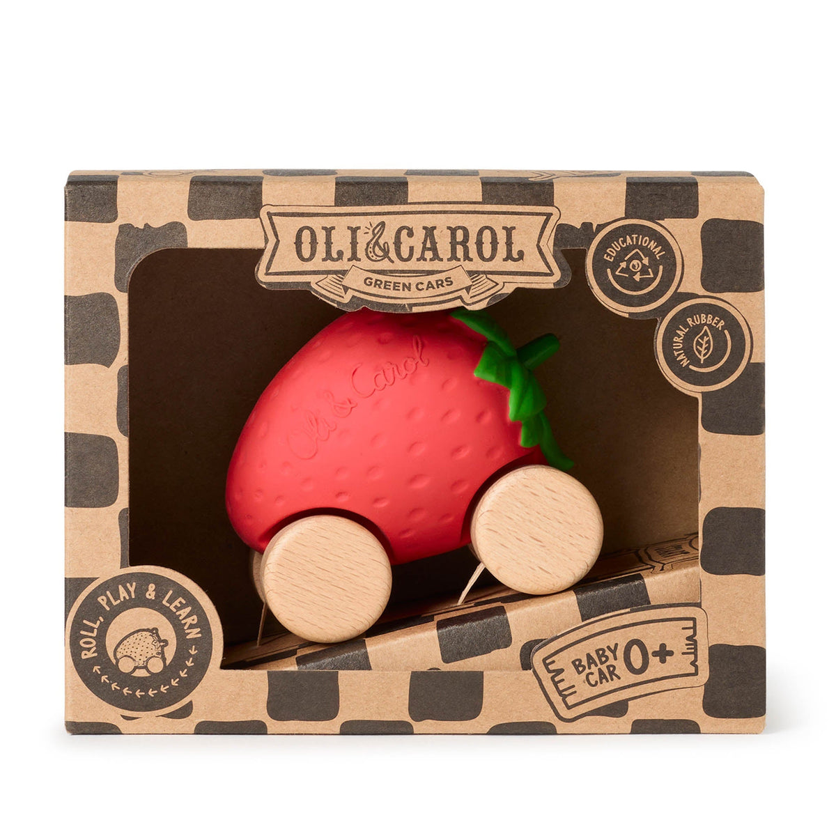 Red baby car toy with wooden wheels in Oli & Carol packaging