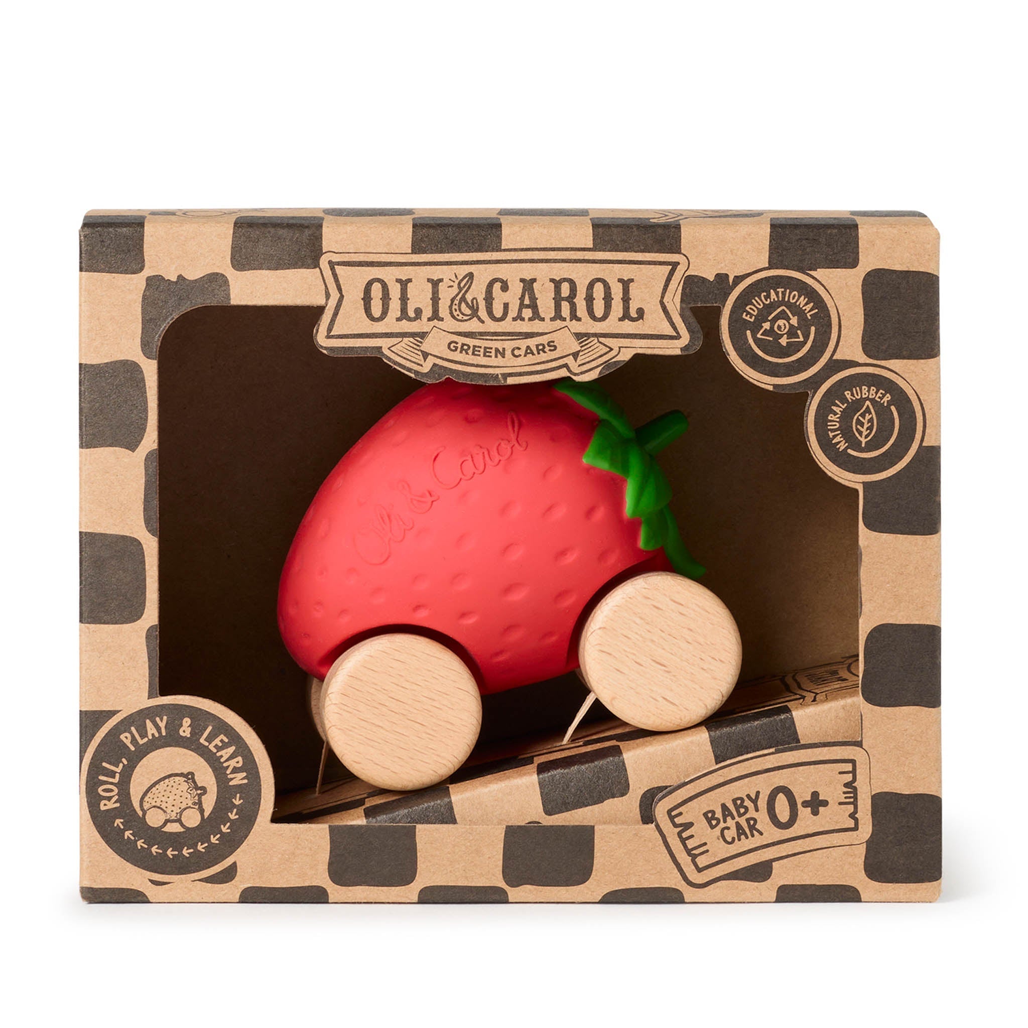 Red baby car toy with wooden wheels in Oli & Carol packaging